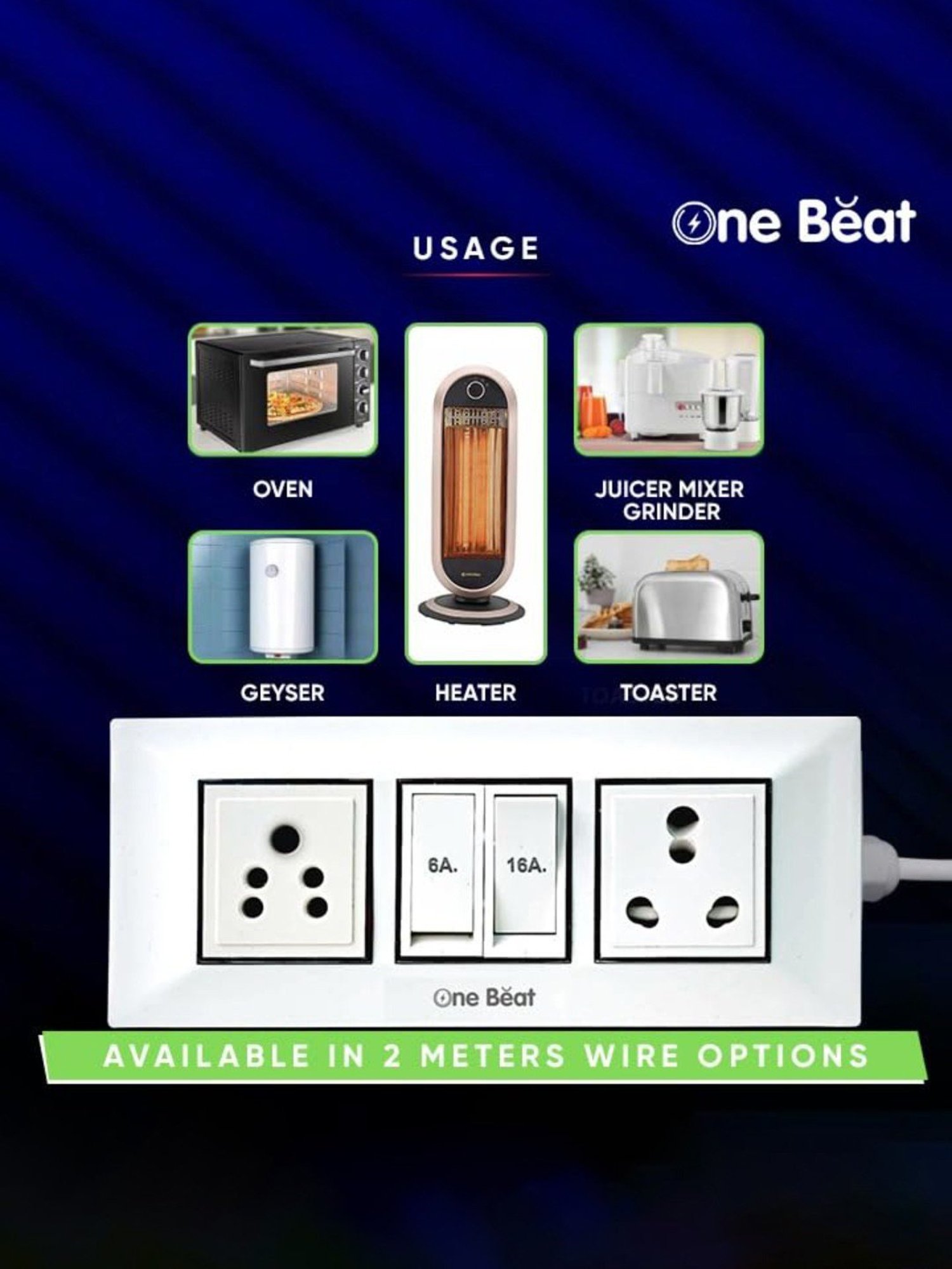 One Beat Extension Board with 2 Socket, One 6A & One 16A Socket with 2 Meter Power Cord (White)