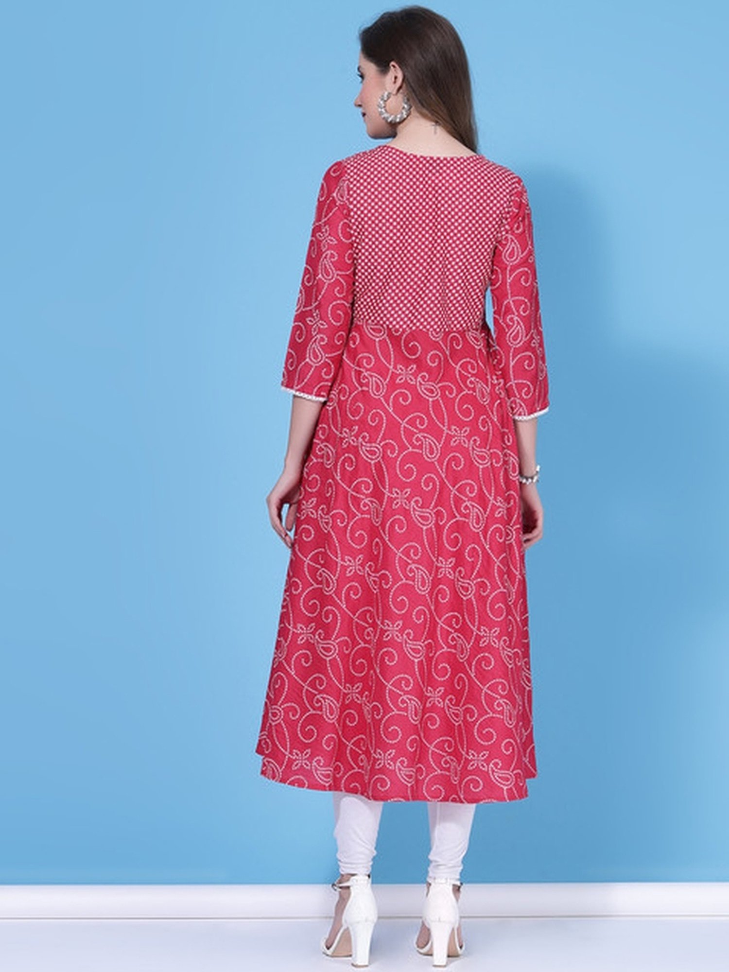 Skylee Pink & White Bandhani Print A Line Kurta