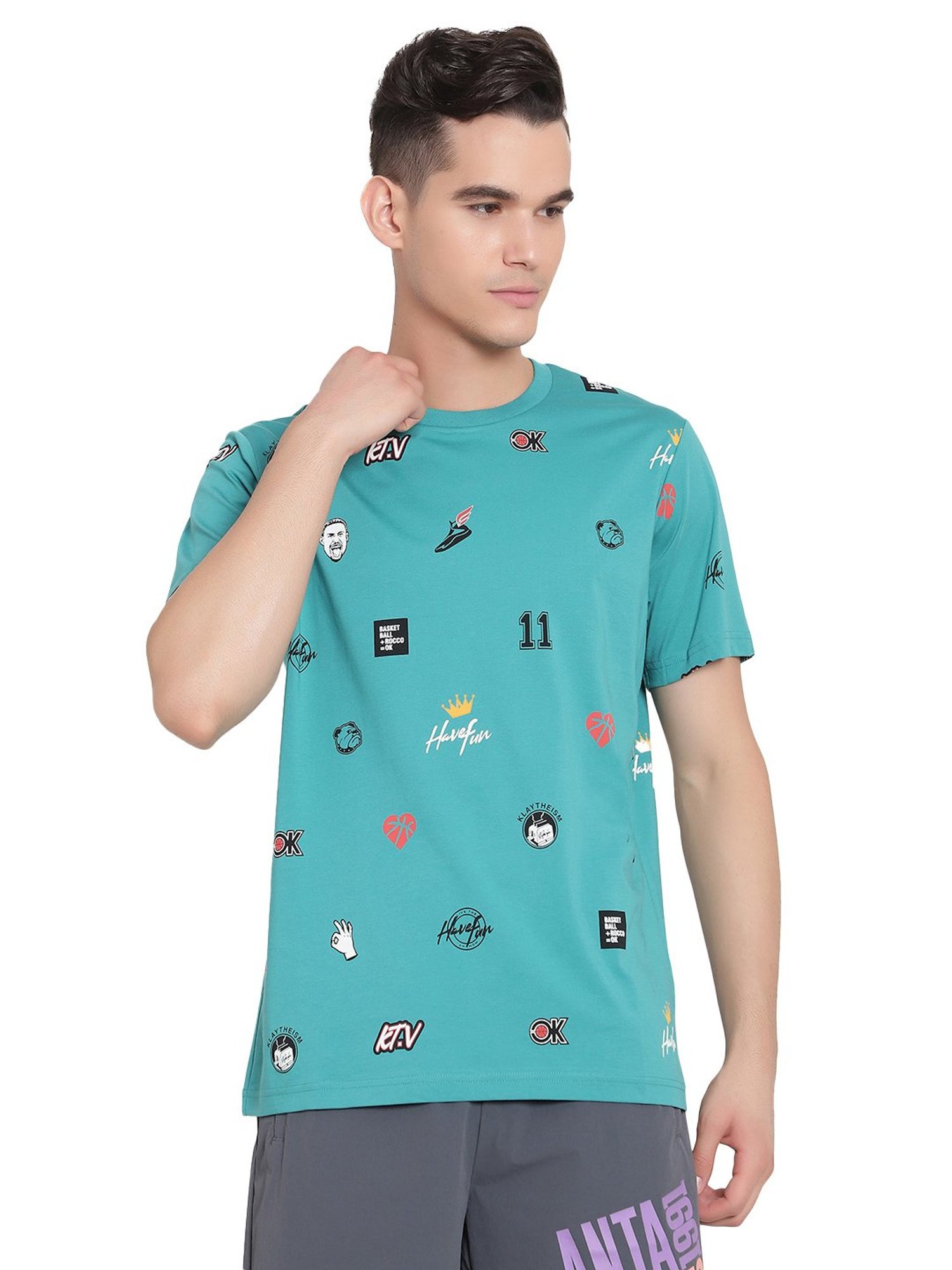 Anta Turquoise Regular Fit Printed Crew T-Shirt