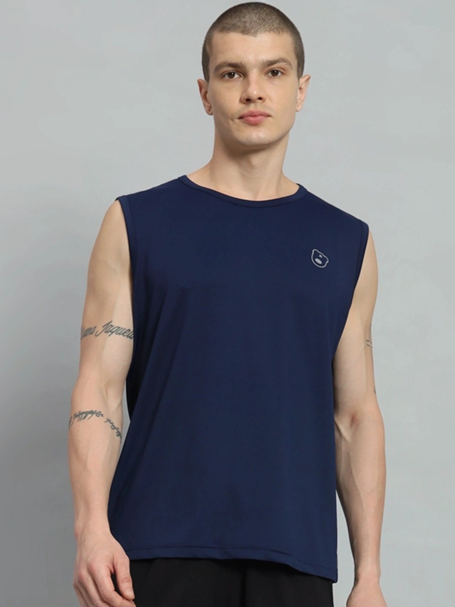 Griffel Navy Blue Cotton Loose Fit Printed T-Shirt