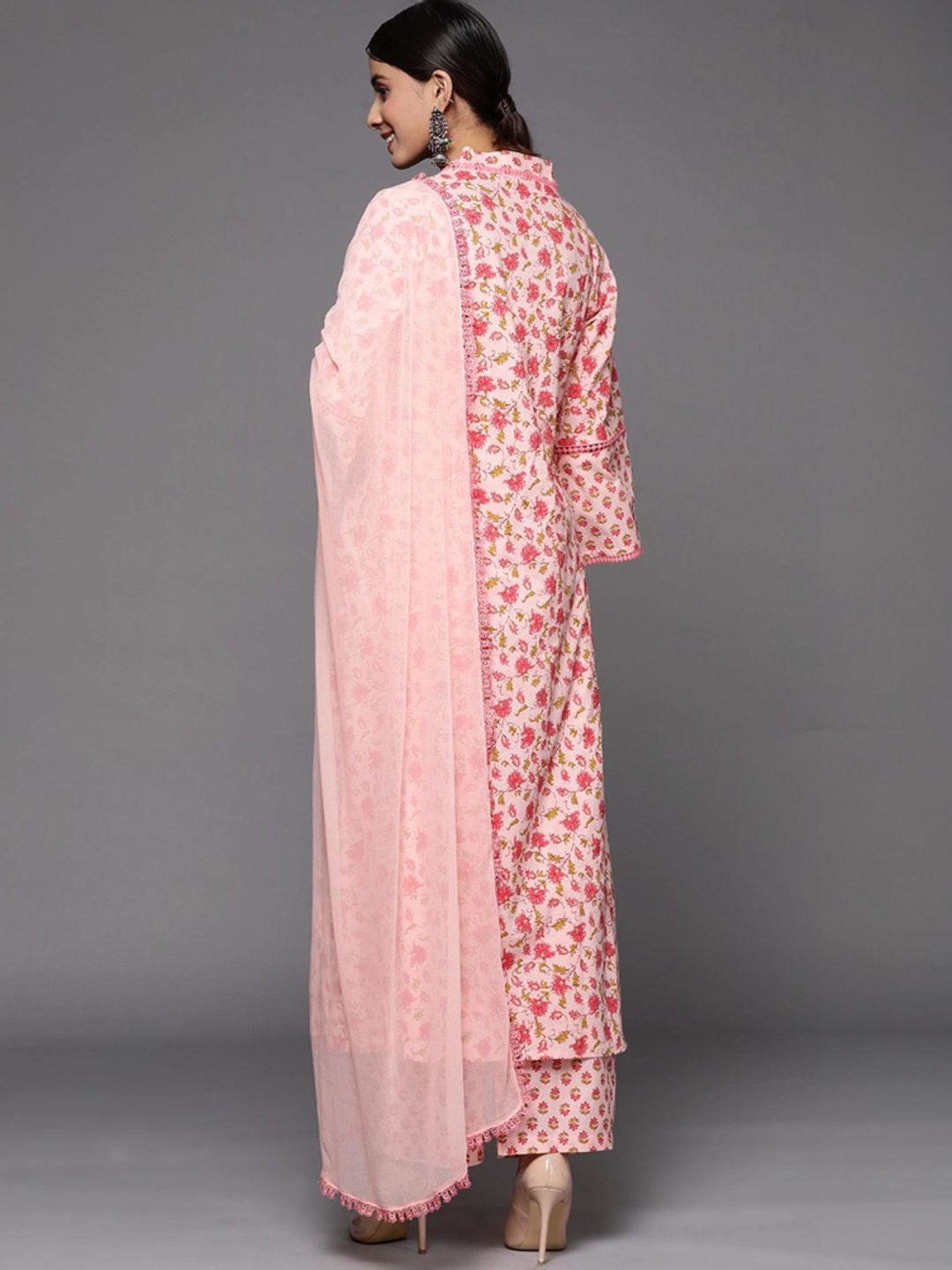 Varanga Pink Cotton Floral Print Kurta Pant Set With Dupatta