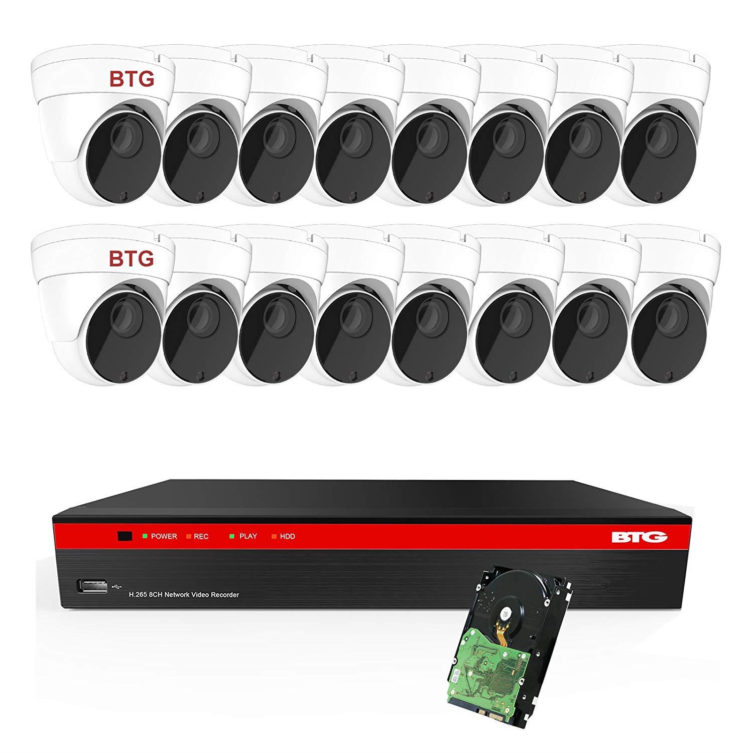 BTG 16CH 5MP Security Camera System Built-in PoE 8MP 4K NVR with Outdoor 5MP Surveillance IP PoE 16 x Dome Cameras HD 2592 x 1944 IR CCTV System H265 2TB HDD