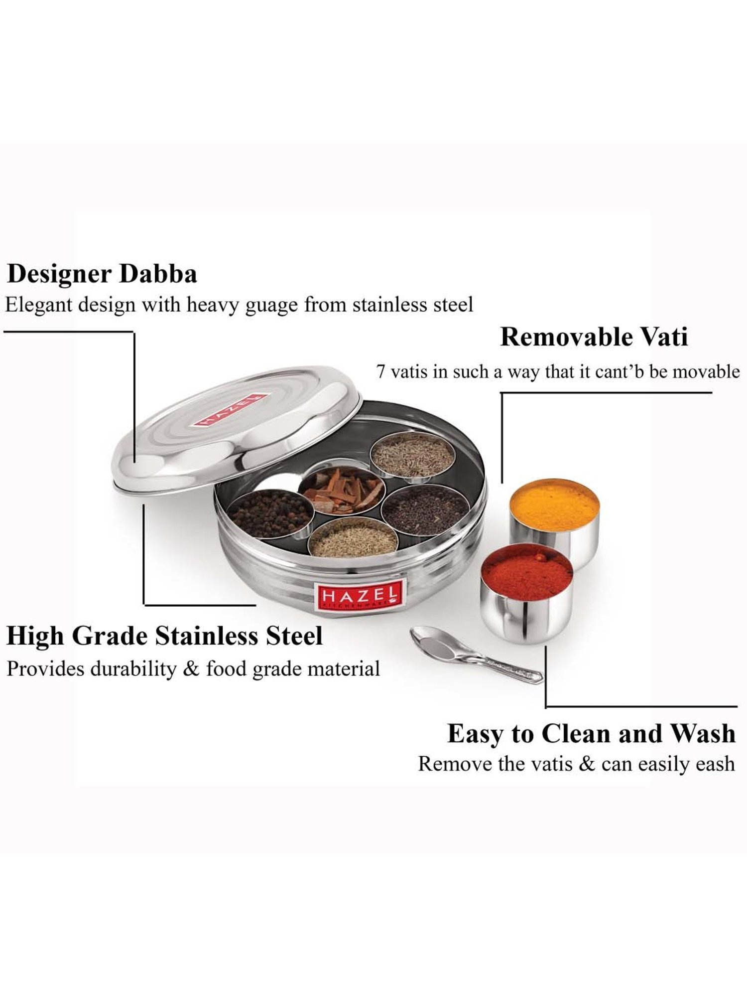 HAZEL Silver Stainless Steel 18.5 cm Kitchen Storage Container Masala Box