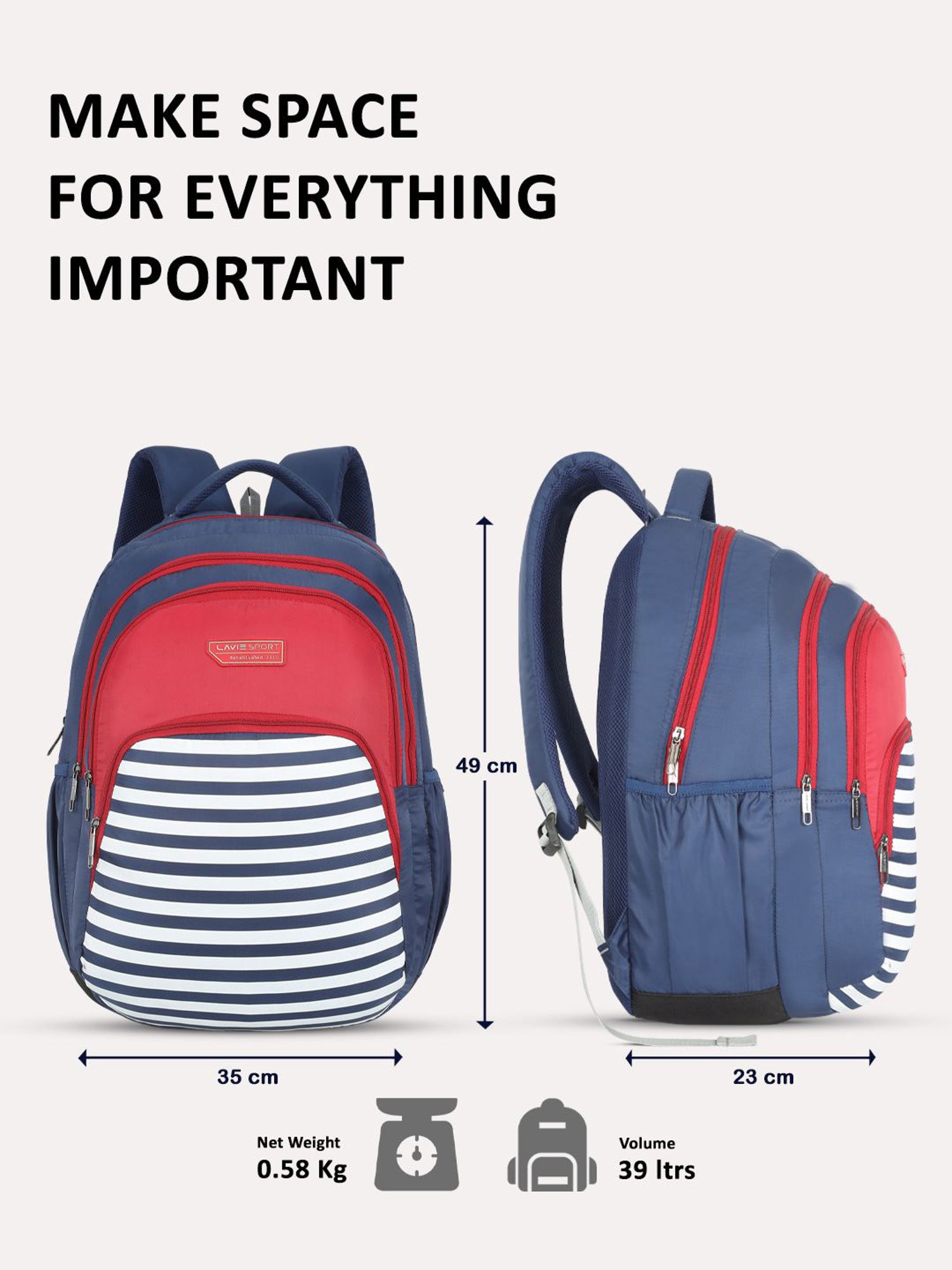 Lavie Sport Nautical 39L Printed School Unisex Backpack with Rain cover for Boys/Girls (Navy)