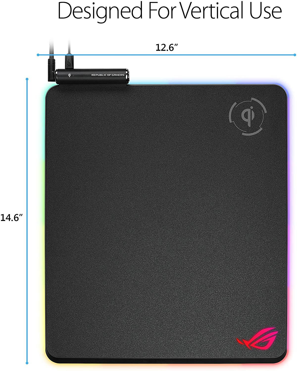 Balteus Qi Vertical Gaming Mouse Pad with Wireless Qi Charging Zone, Hard Micro-Textured Gaming Surface, USB Pass-Through, Aura Sync RGB Lighting and Non-Slip Base (12.6&rdquo; X 14.6&rdquo;)