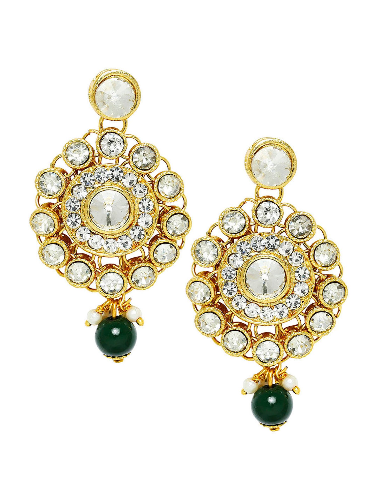 OOMPH Green Beads & Kundan Multi Layer Choker Necklace Set with Drop Earrings & Maangtikka
