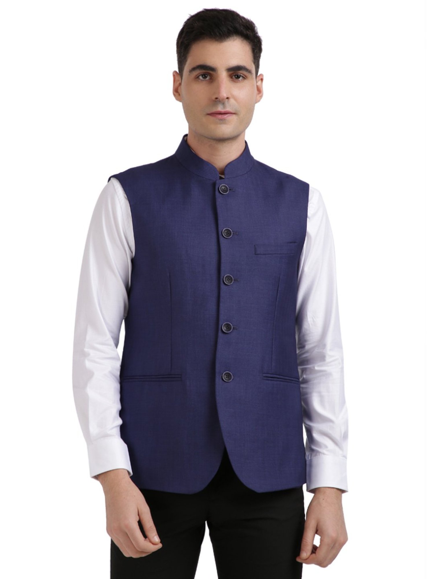 Colorplus Blue Tailored Fit Checks Nehru Jacket