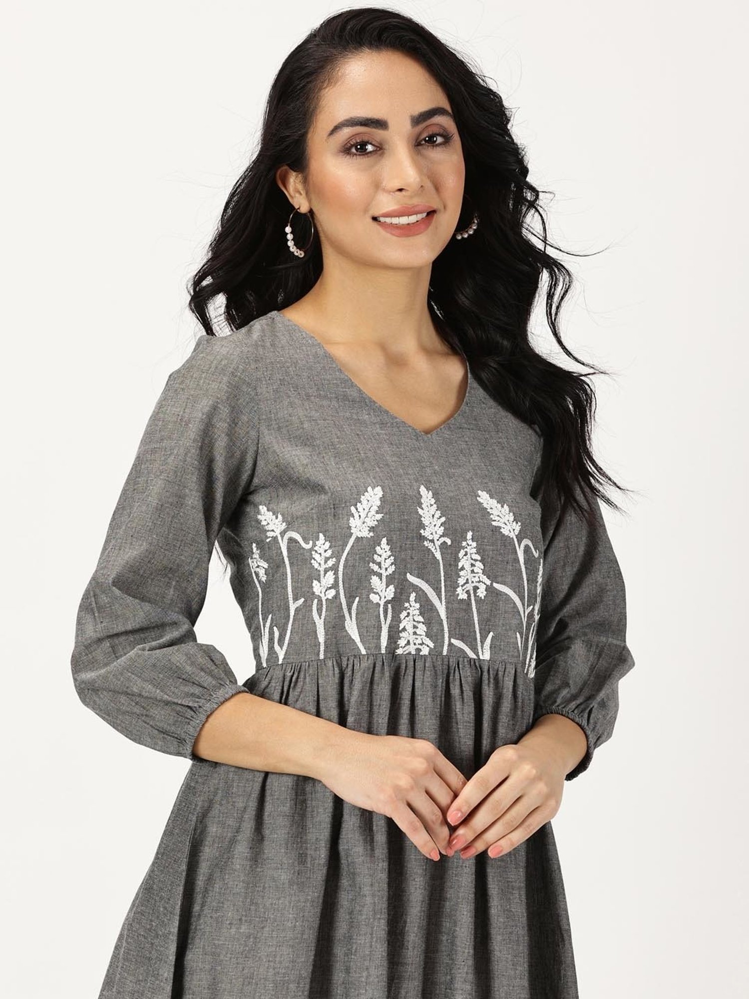 Saffron Threads Grey Cotton Embroidered Ethnic Dress