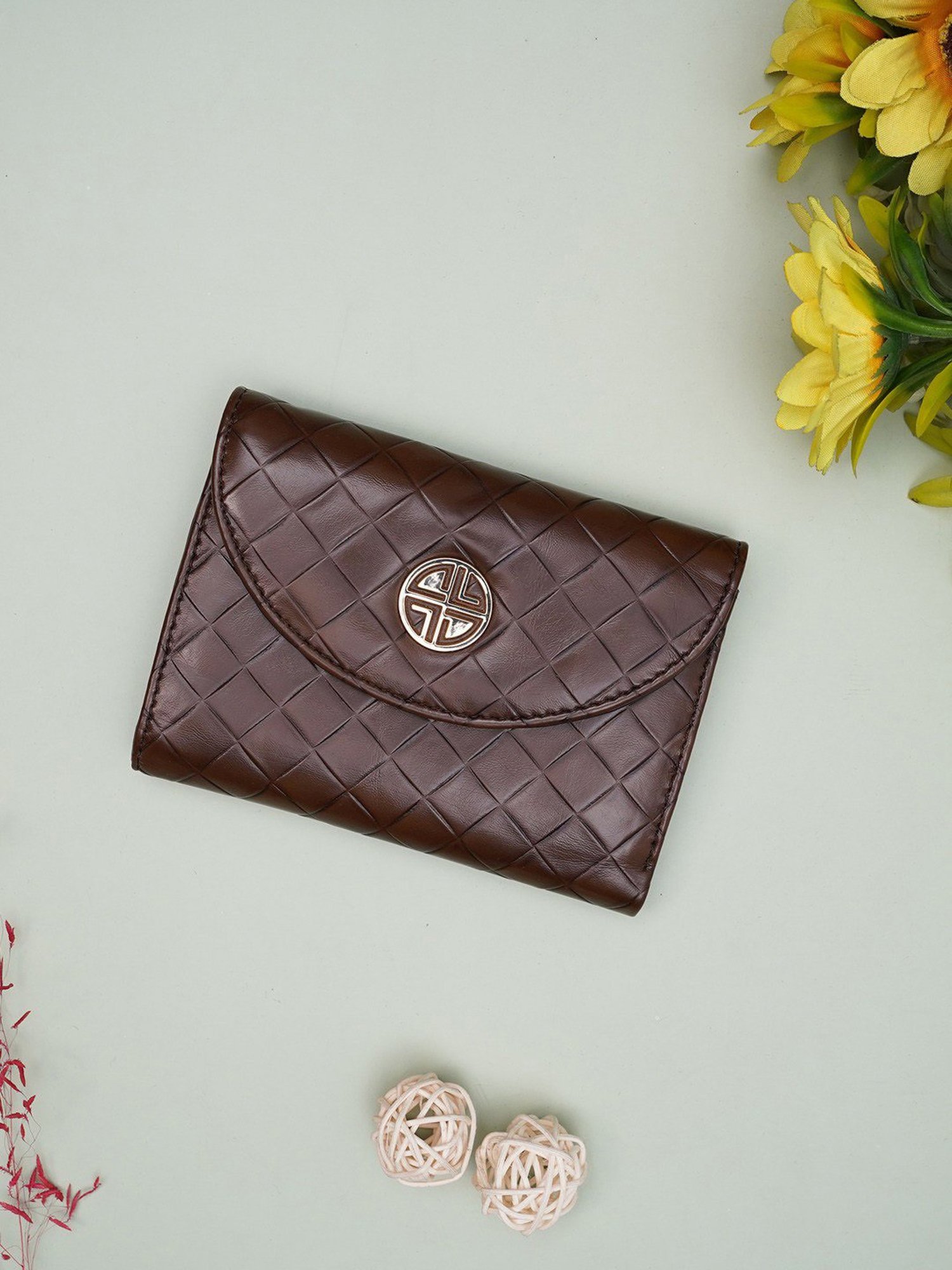 Carlton London Brown Textured Small Tri-Fold Wallet for Women