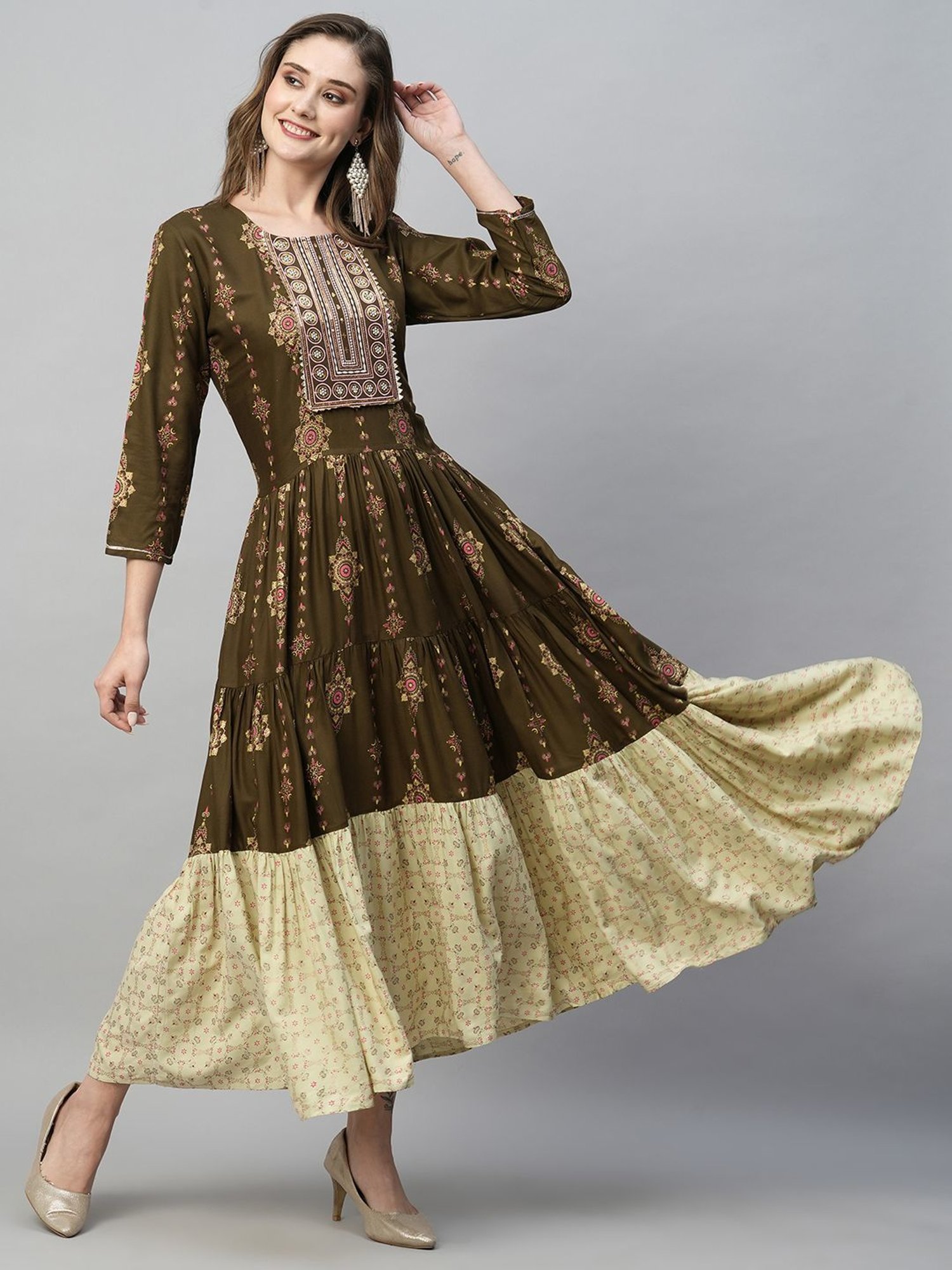 KIANA Green Printed Maxi Dress