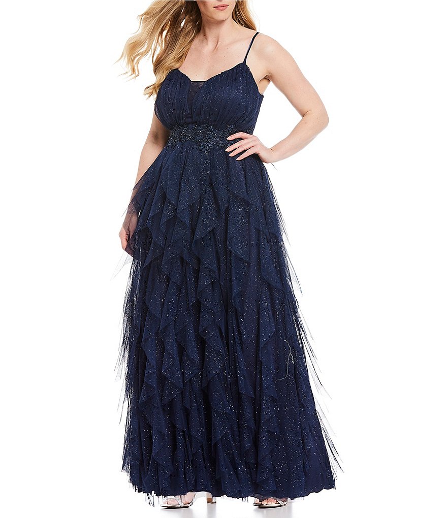 Teeze Me Plus Spaghetti Strap Illusion Plunged Neck Mesh Corkscrew Glitter Ball Gown