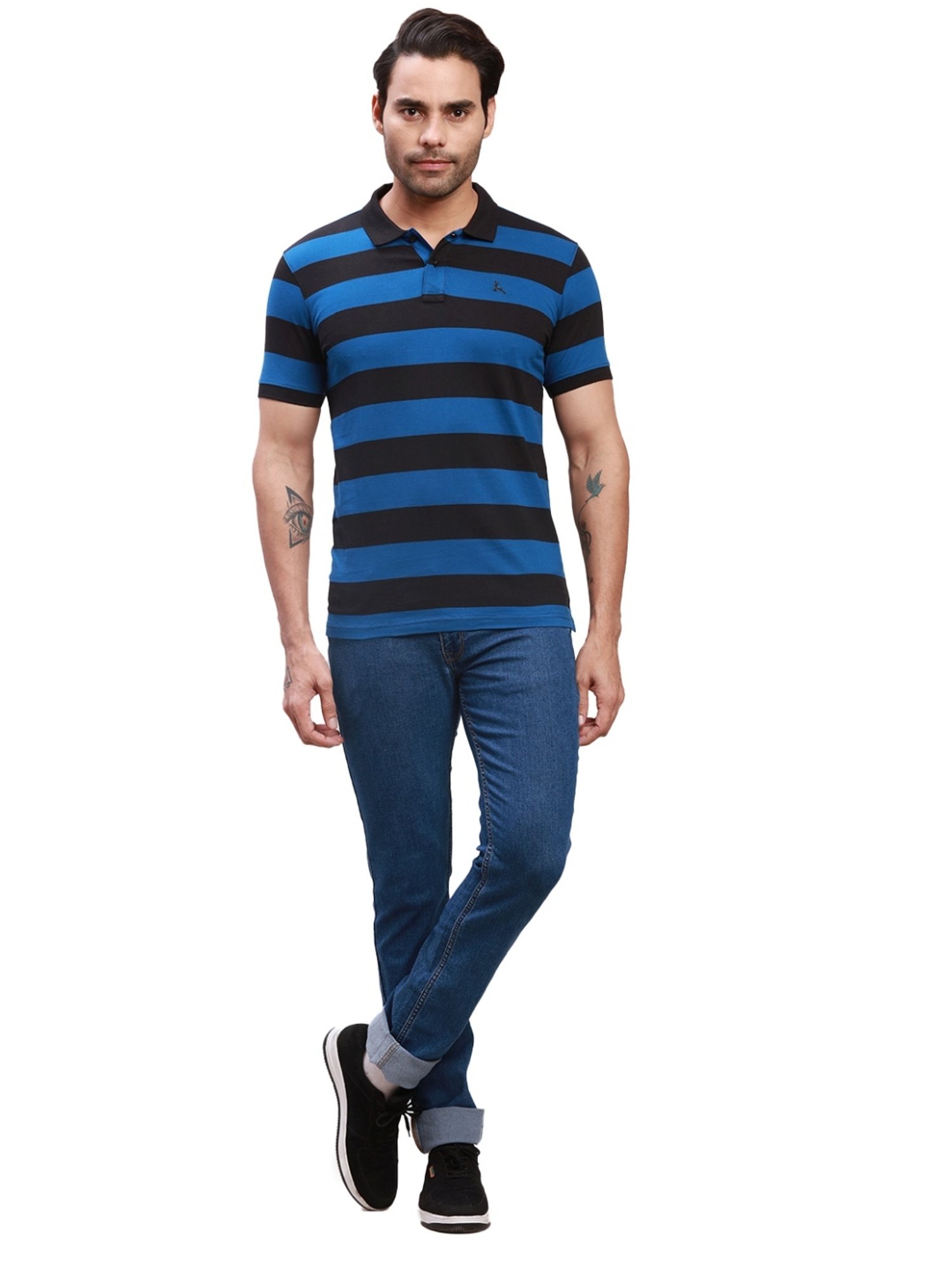 Parx Blue Cotton Regular Fit Colour Block Polo T-Shirt