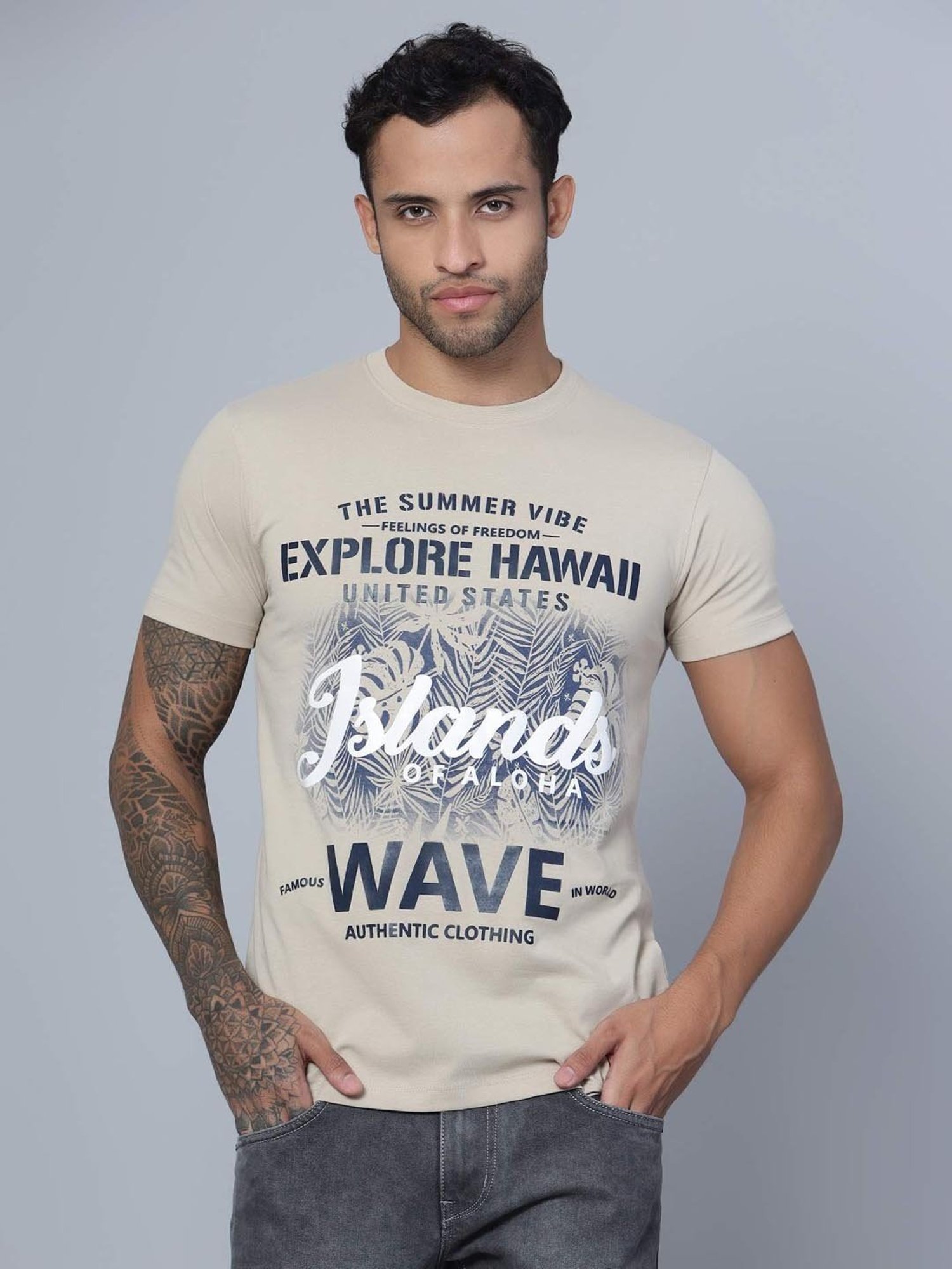 Cantabil Beige Regular Fit Printed T-Shirt