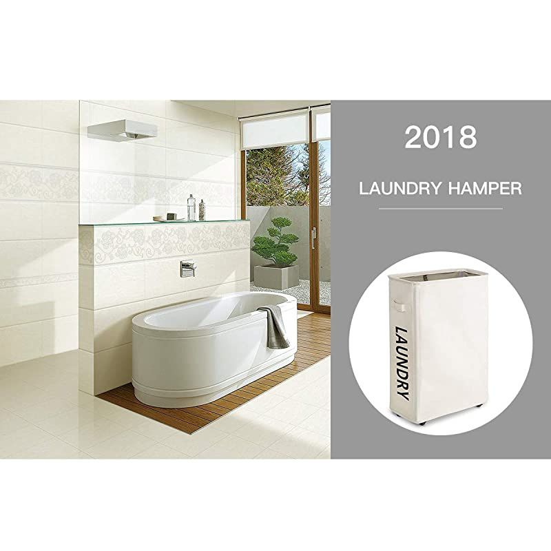 45L Slim Dirty Clothes Hamper for Laundry Collapsible Rolling Laundry Basket Hanging Small Space Laundry Hamper with Wheels Folding Laundry CartBeige 2