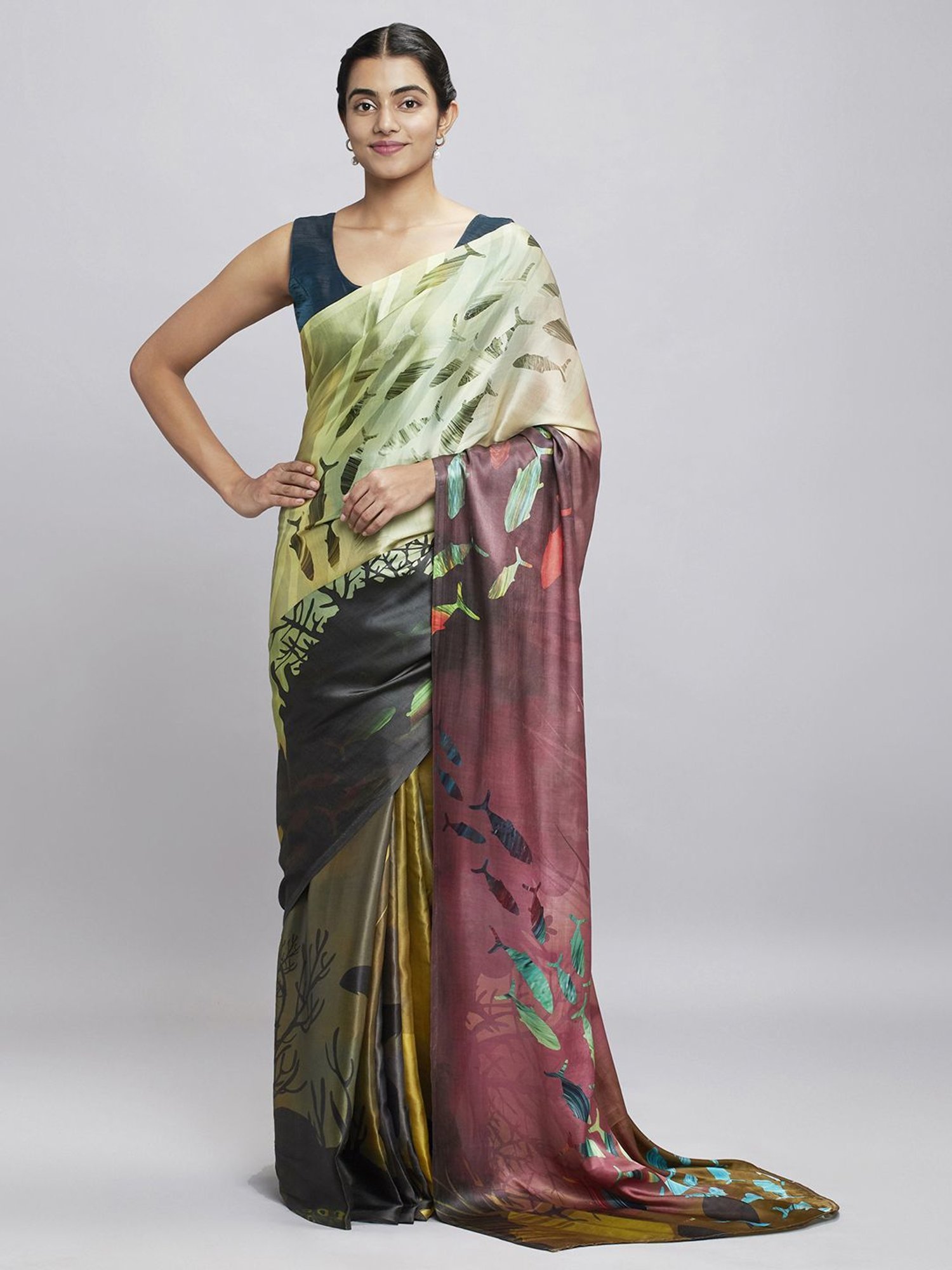 Navyasa Mustard Liva Satin Abstract Printed Saree With Coordinated Unstitched Blouse Piece