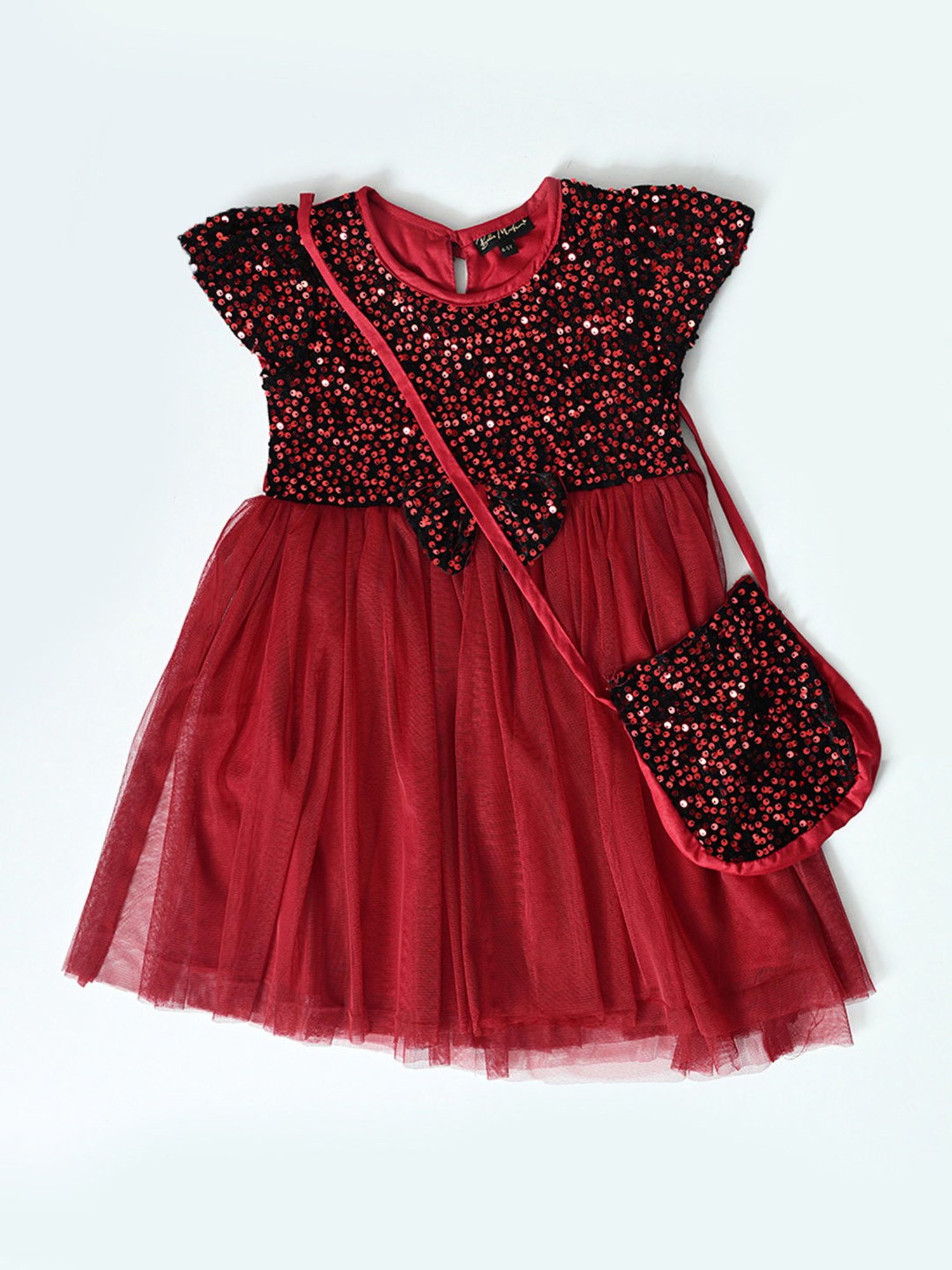 Bella Moda Girls Maroon & Black Embellished Dress with Sling Bag