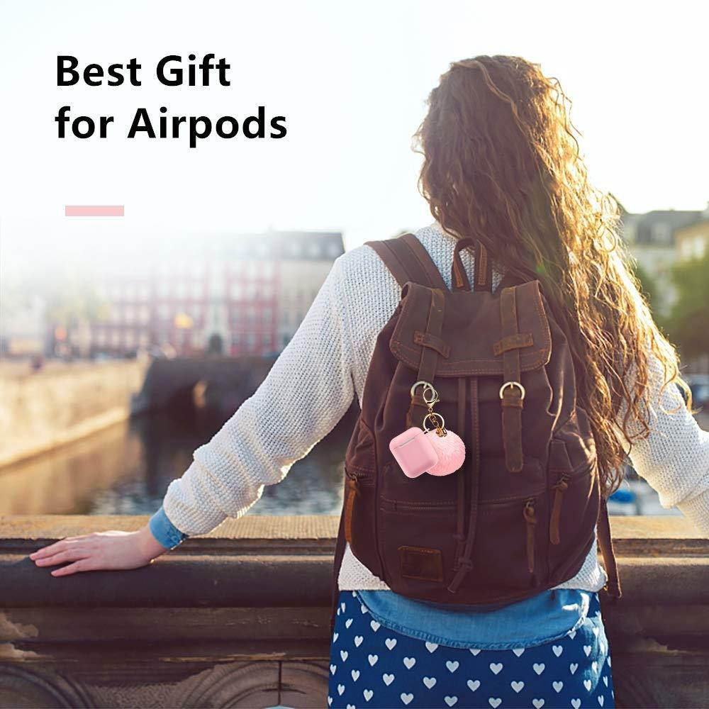 Airpods Case - BlUEWIND Drop Proof Air Pods Protective Case Cover Silicone Skin, Cute Fur Ball Airpods Keychain/Strap, Apple Airpods Accessories, Best Gift for Girls and Women, Pink