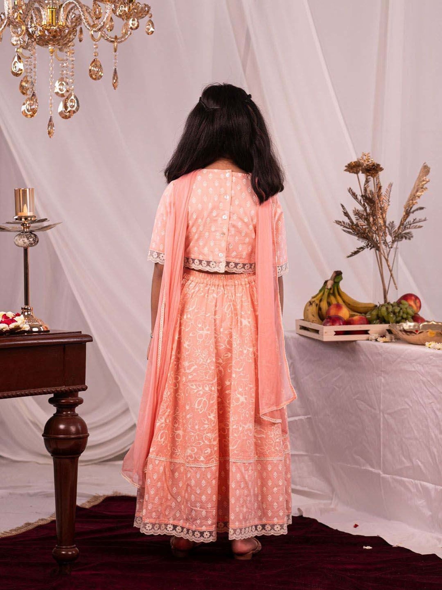 A Little Fable Kids Blue Printed Lehenga with Choli & Dupatta