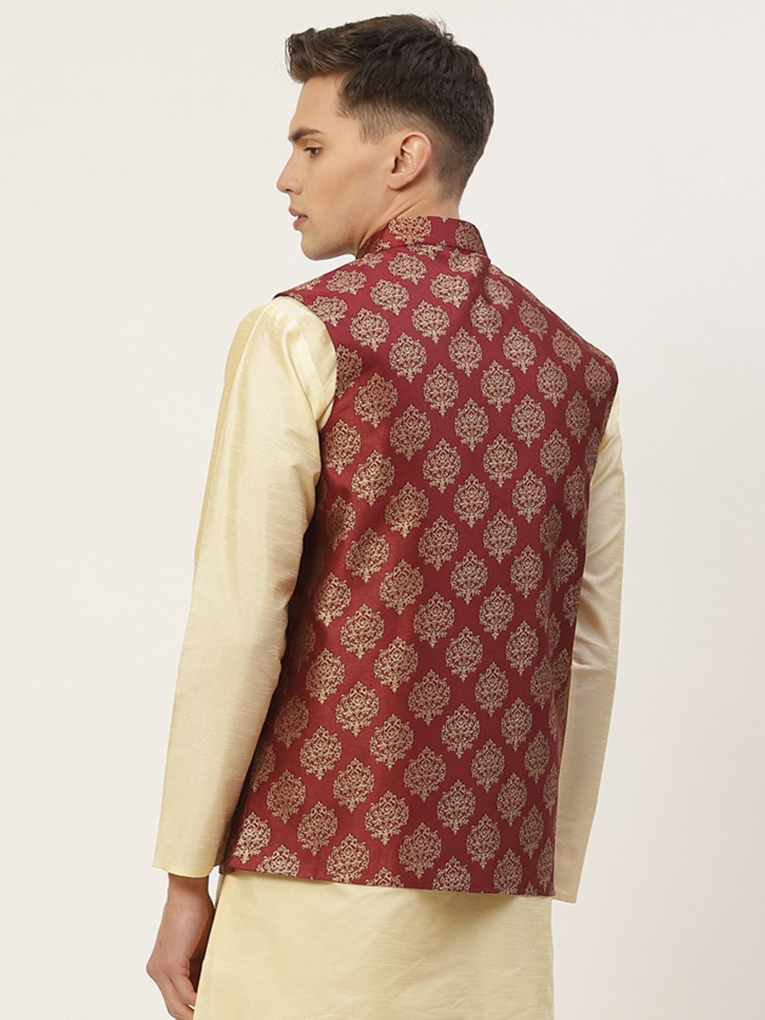 Jompers Maroon Regular Fit Printed Nehru Jacket