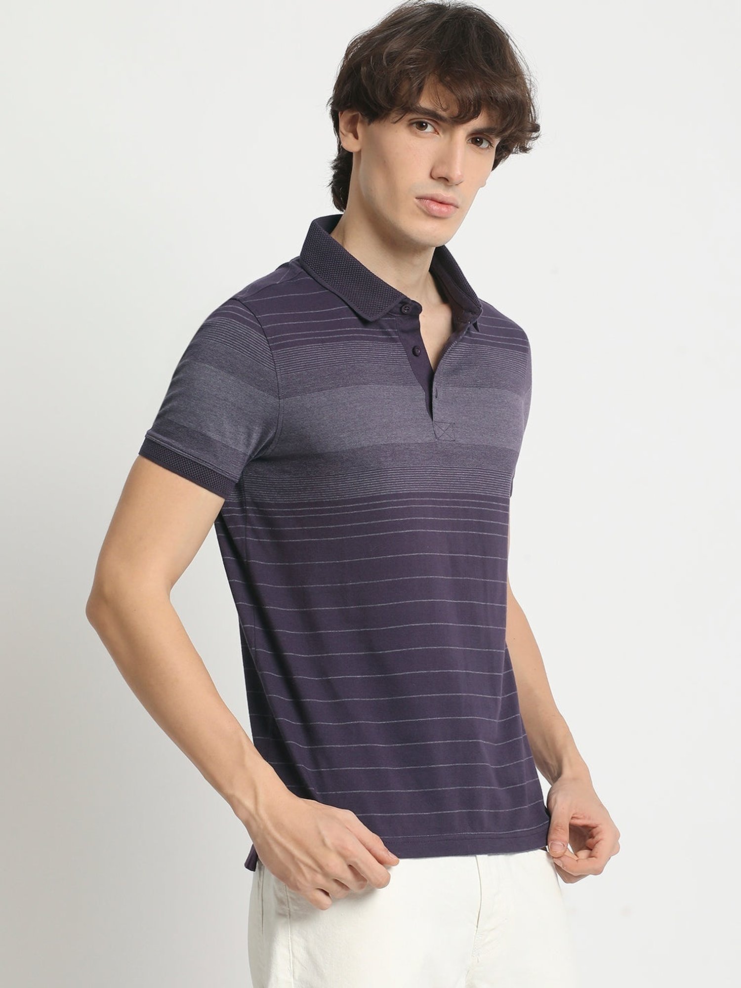 The Bear House Purple Cotton Slim Fit Striped Polo T-Shirt