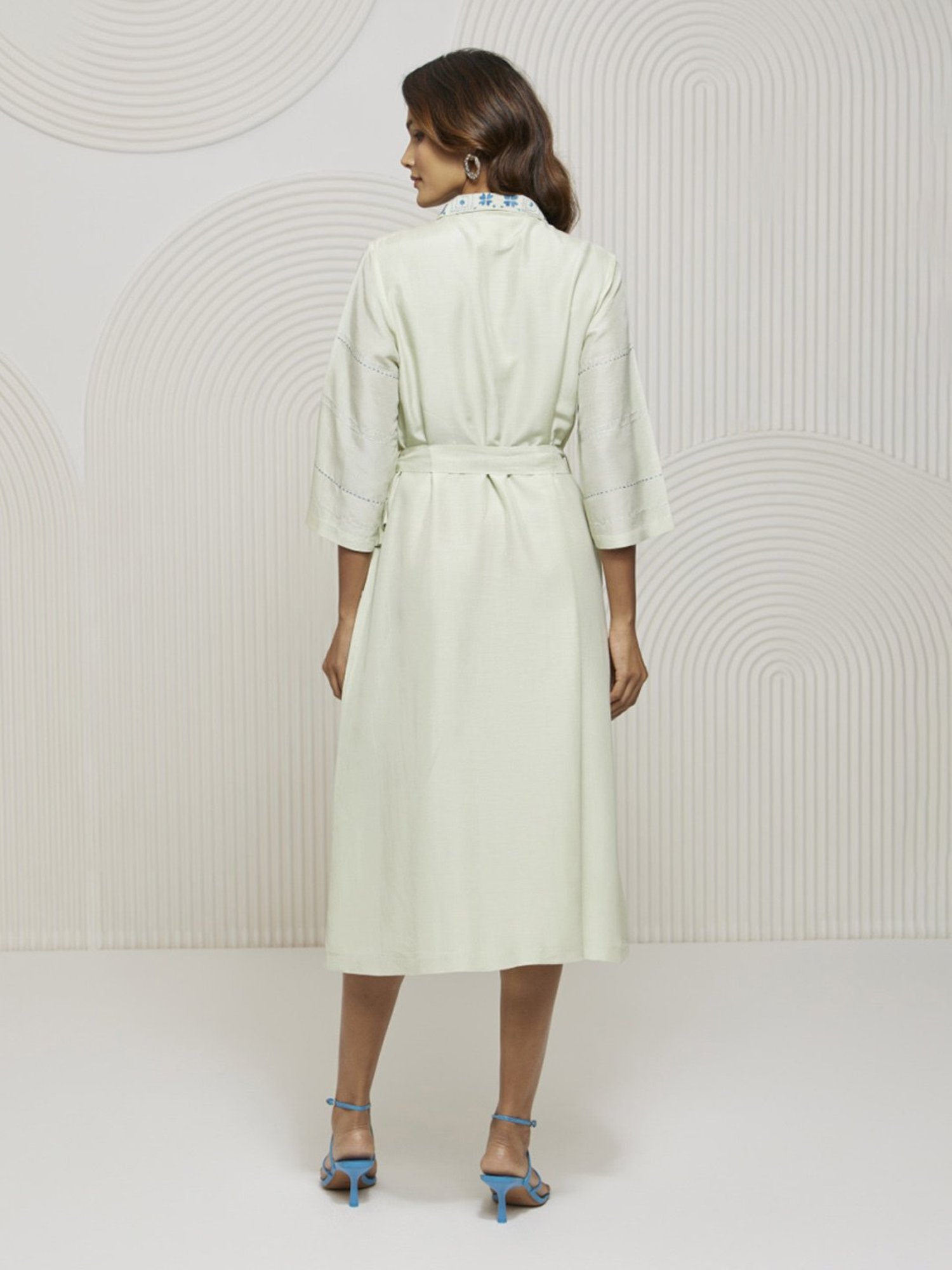 Artagai Cucumber Kimono Style Dress with Belt and Embroidery At Neck