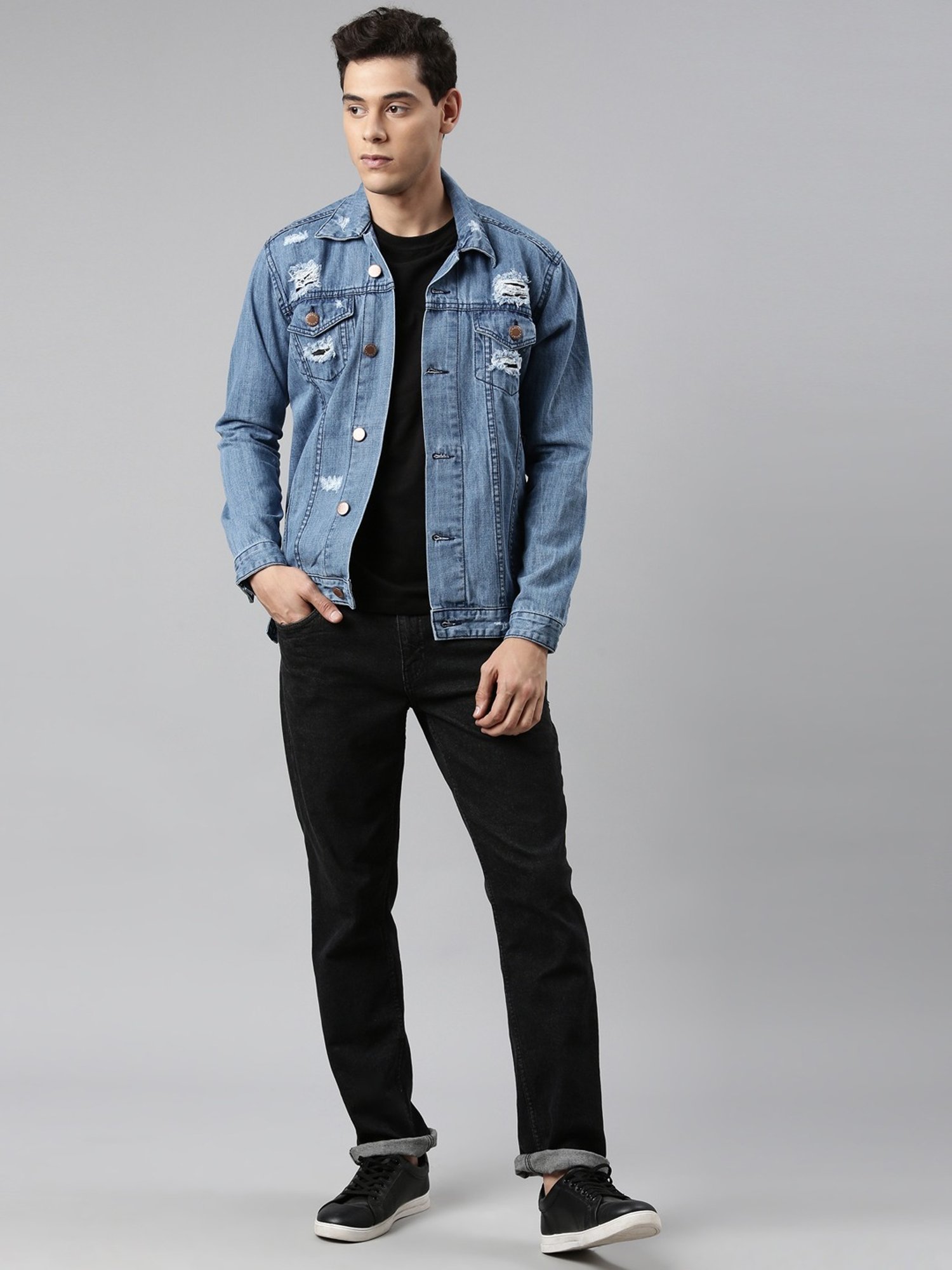 CINOCCI Blue Cotton Slim Fit Distressed Denim Jacket