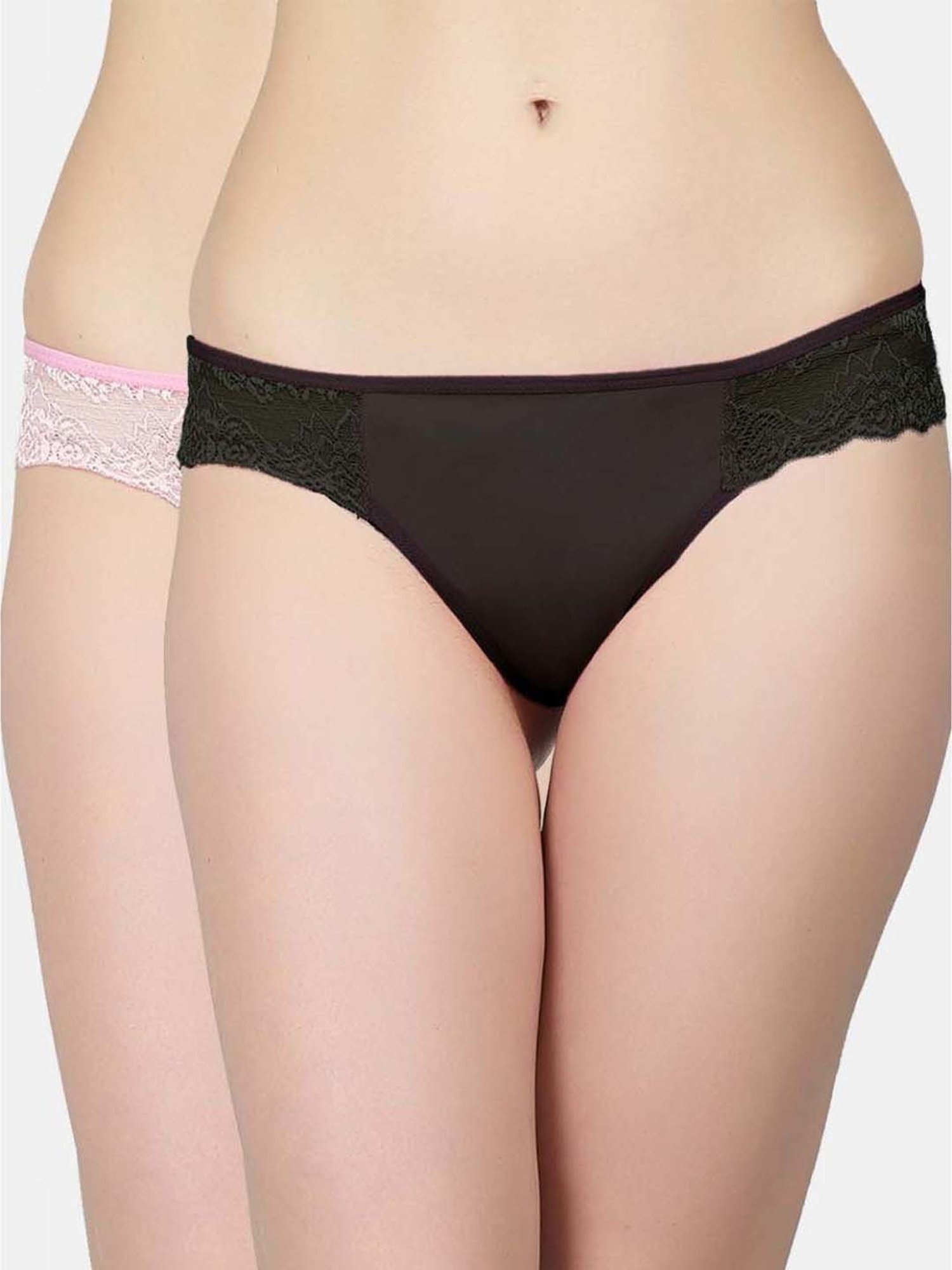 N-Gal Black & Pink Lace Work Bikini Panties - Pack Of 2