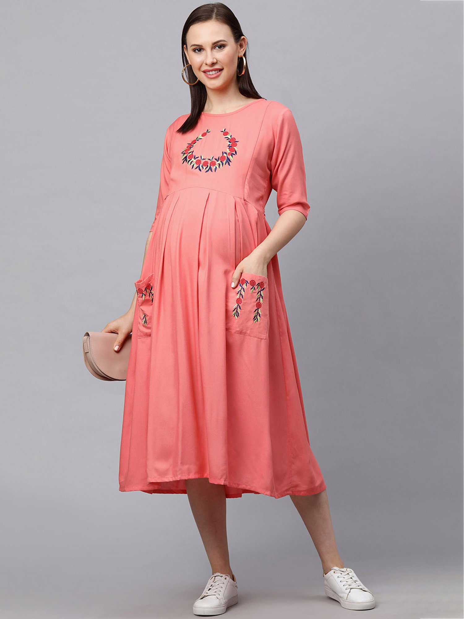 MomToBe Peach Embroidered Maternity Dress