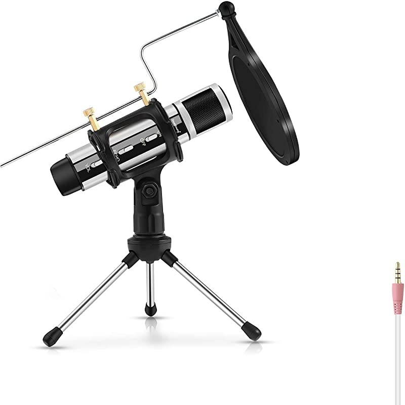 Studio Microphone  Condenser Studio Microphone with Builtin Sound Card and Echo Effect Vocal Recording Computer Microphone wTripod Stand for YouTube PC Laptop Tablet and PhoneSilver