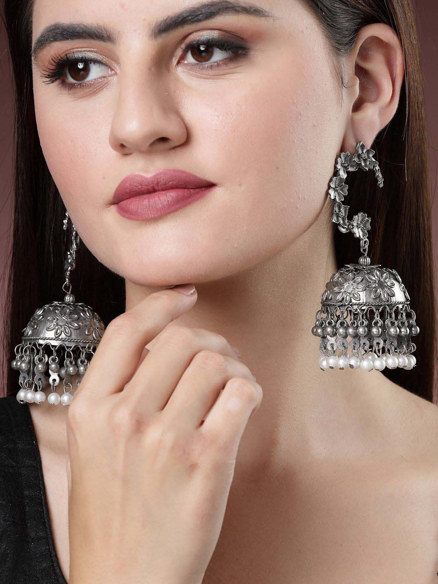 NVR Silver Plated Pearl Beaded Oxidized Contemporary Jhumki Earrings for Women