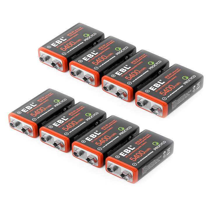 8 Pack EBL USB  5400mWh 9V Rechargeable Lithium Battery,Durable LI-ion Batteries with Micro Charging Cable, Quick Charge in 2 Hours
