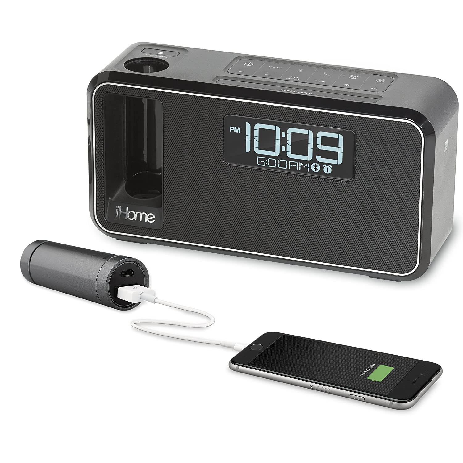 iHome iKN105BC Dual Charging Bluetooth Stereo Alarm Clock Radio/Speakerphone with NFC, Removable Power