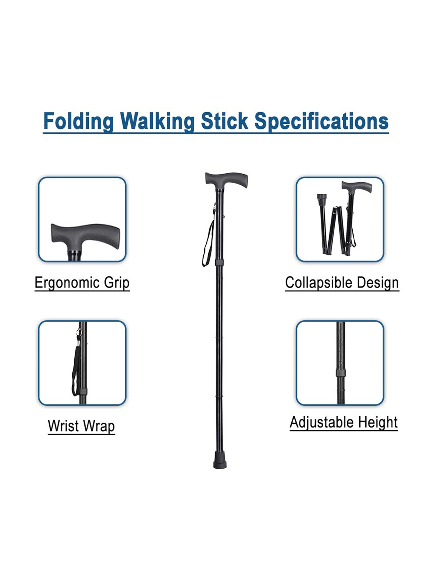 MCP Jindal 4 Folding Sections Folding Walking Stick (Black)