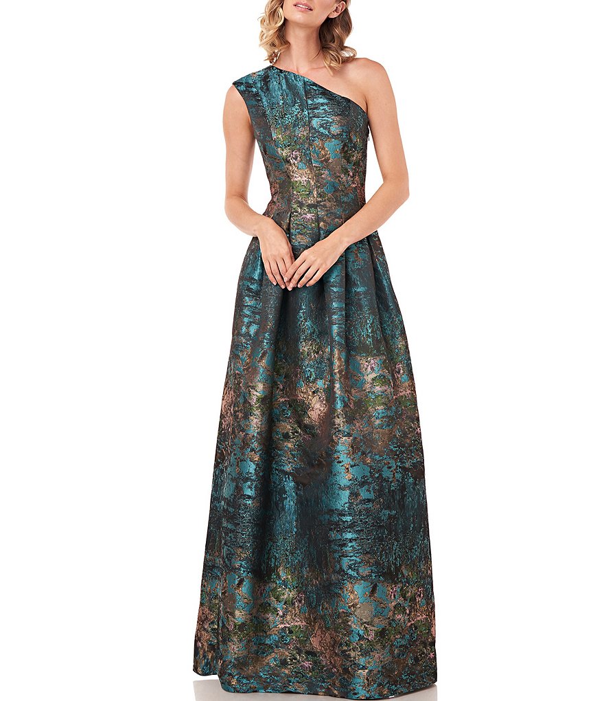 Jkara Chiffon Popover Beaded V-Neck 3/4 Capelet Sleeve Gown