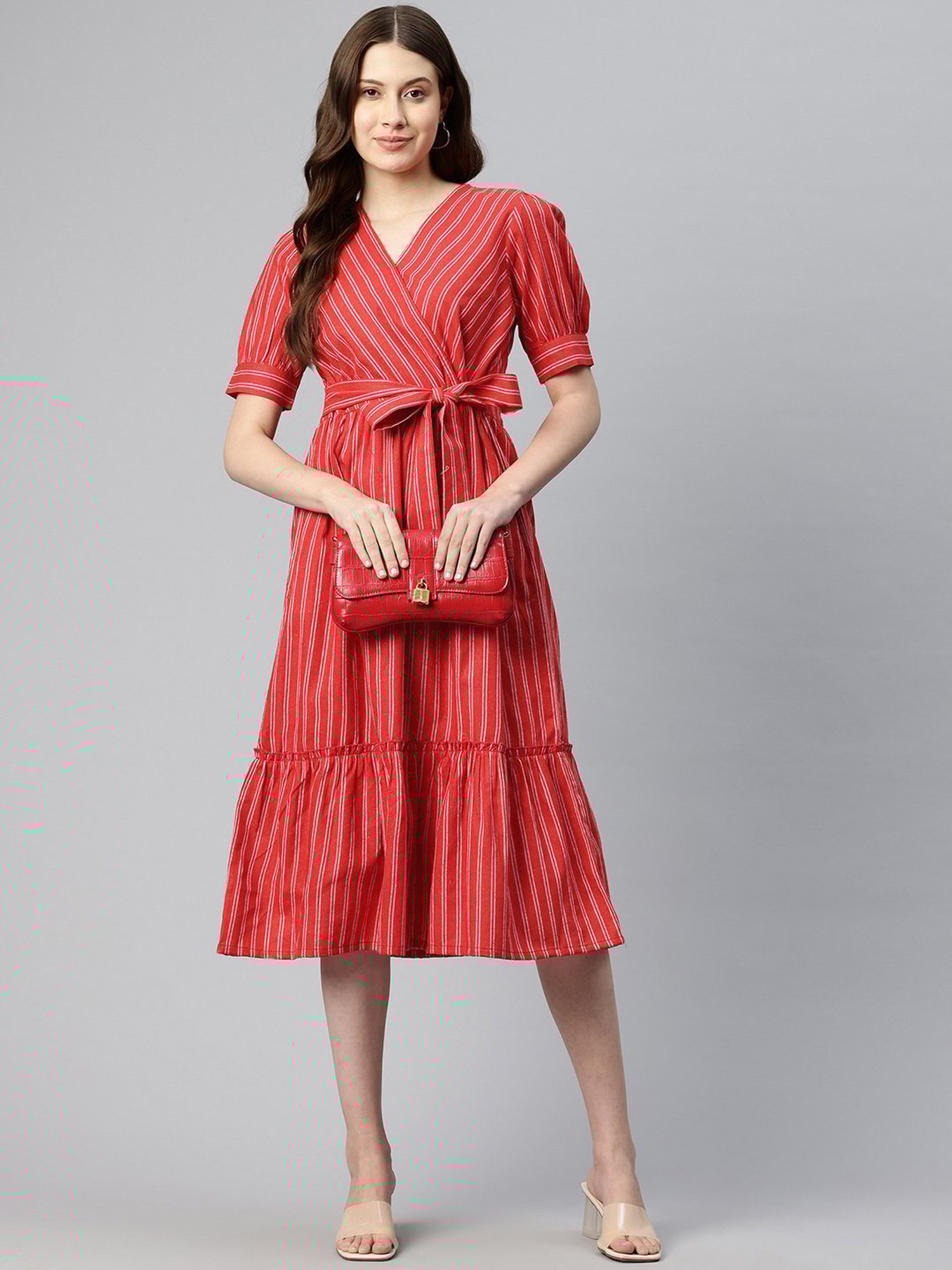 Cottinfab Red & White Cotton Striped Midi Dress