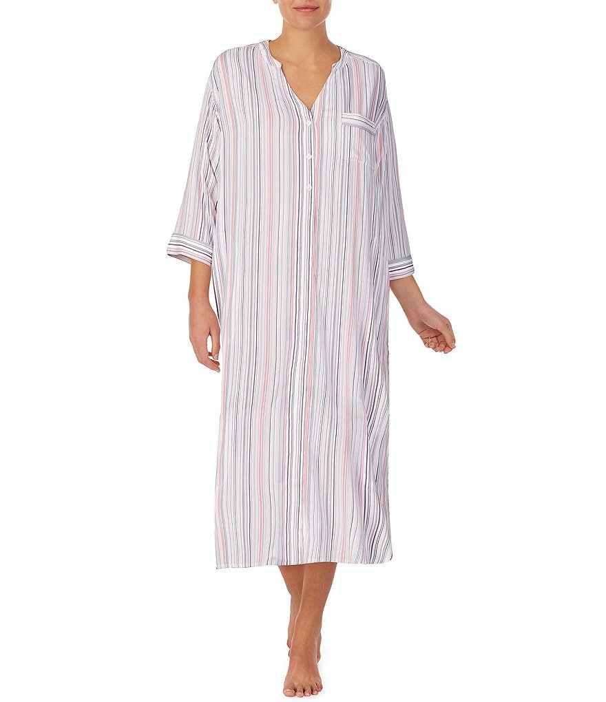 Donna Karan Striped Print Woven Split V-Neck Long Sleepshirt