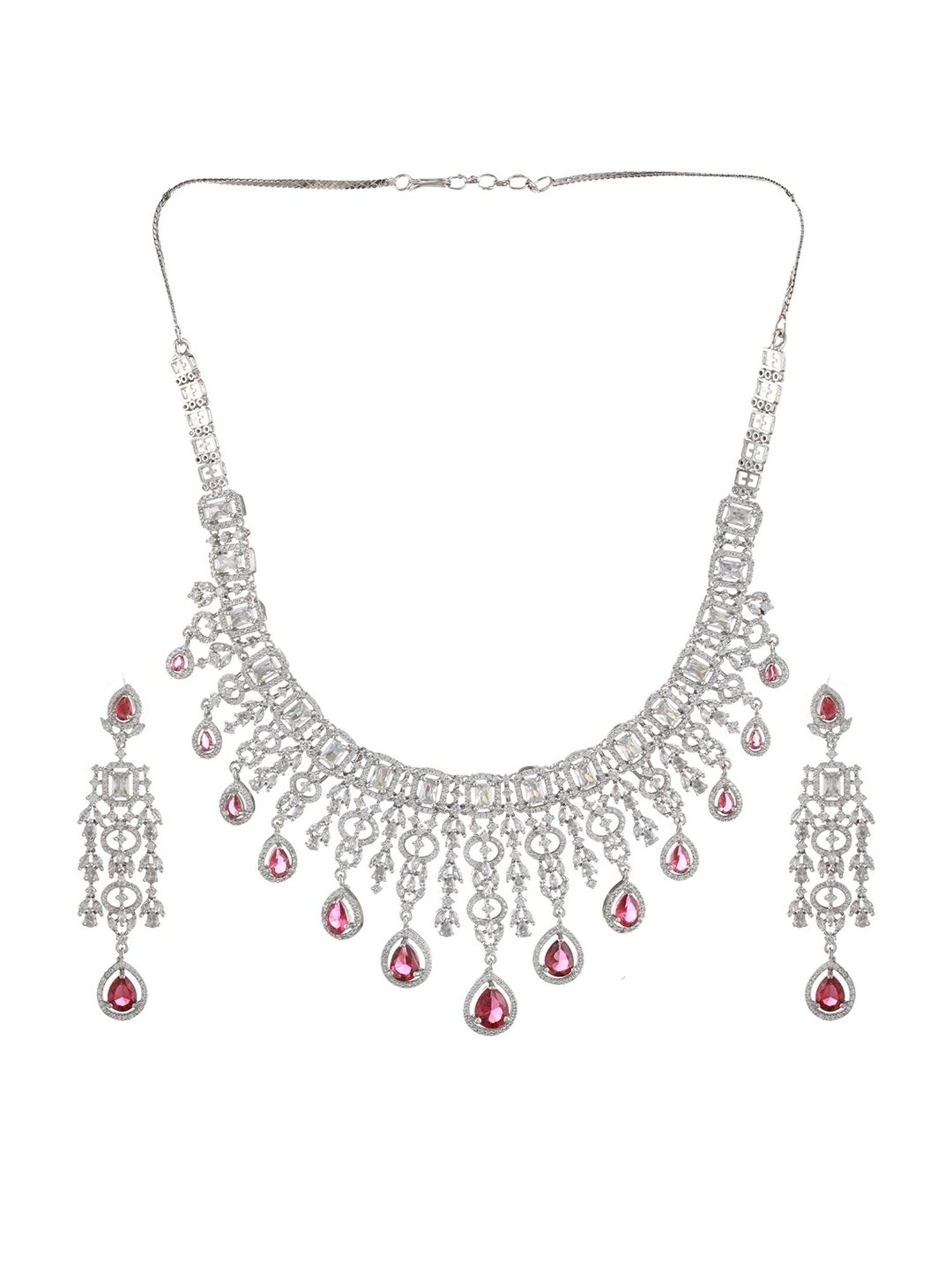 Aatmana Silver-Plated White & Red AD Stone Studded Necklace Set