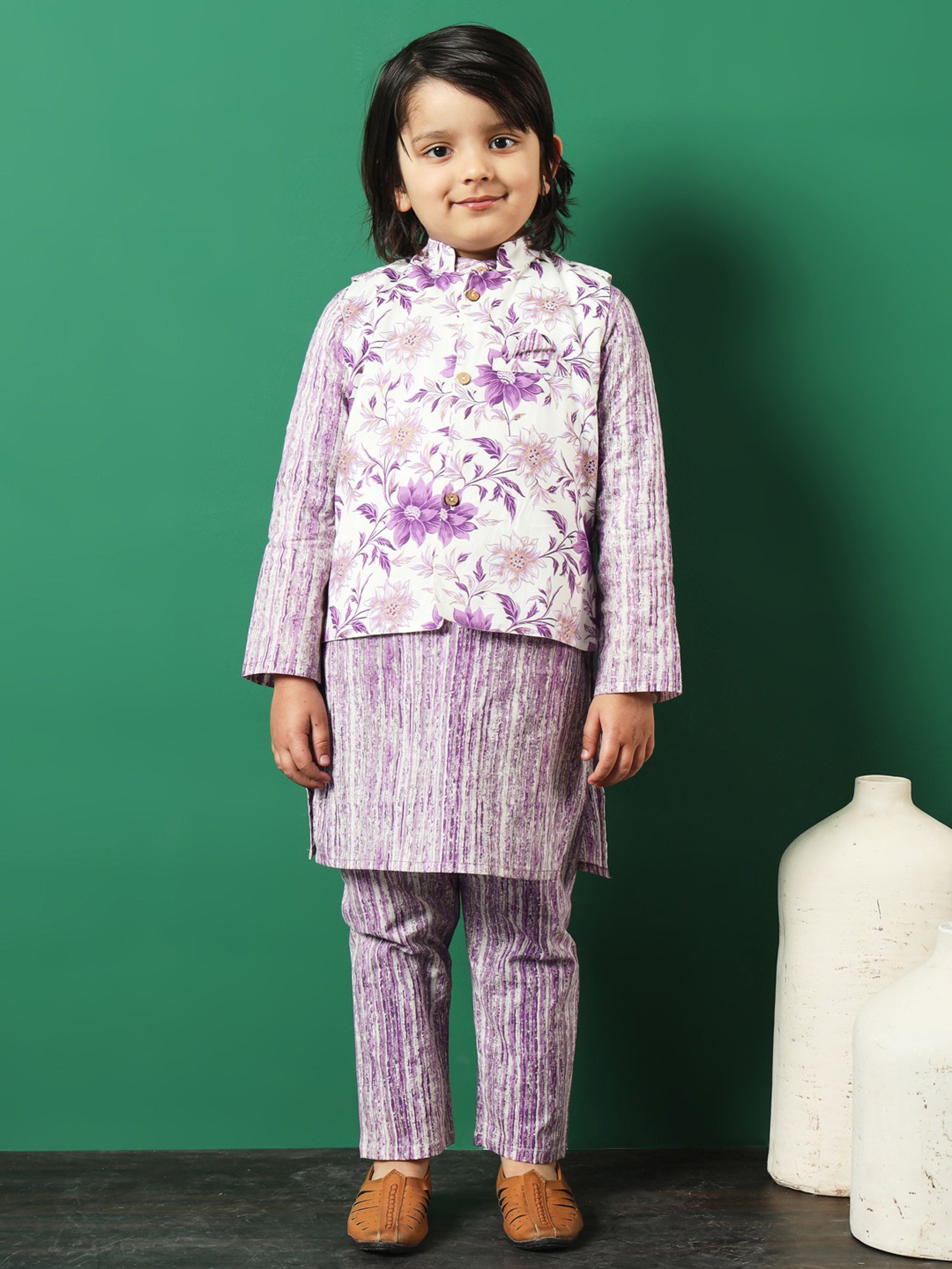 READIPRINT FASHIONS Kids Purple & White Printed Full Sleeves Kurta, Pyjamas with Jacket