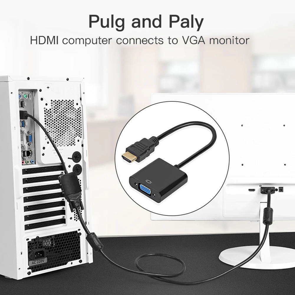 HDMI to VGA Adapter Male to Female 1080P Full HD Digital HDMI 19-Pin to Analog VGA Converter for PC Computer Monitor Projector H