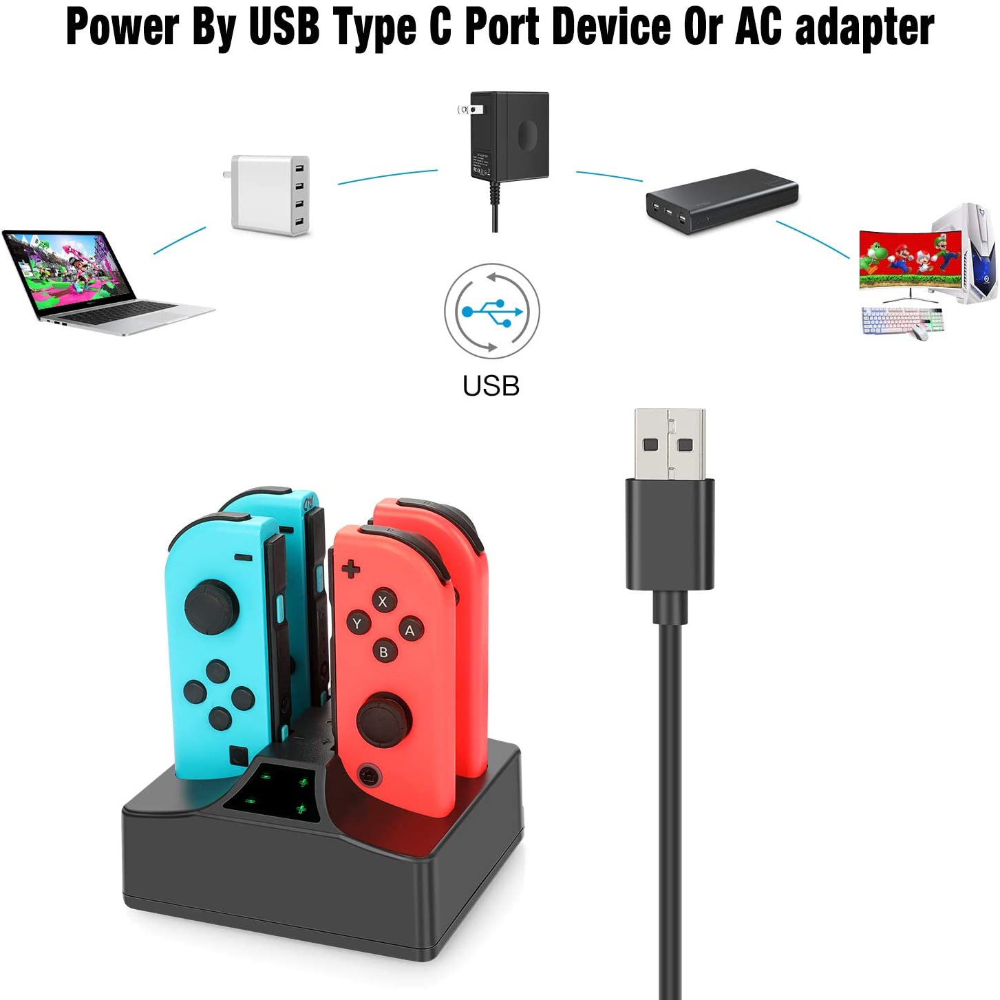 Joy-Con Charger for Switch, YCCTEAM 4 in 1 Fast Charging Station for Switch Joy-Con Controllers with Individual LED Indicator and 5FT USB Charging Cable for Switch