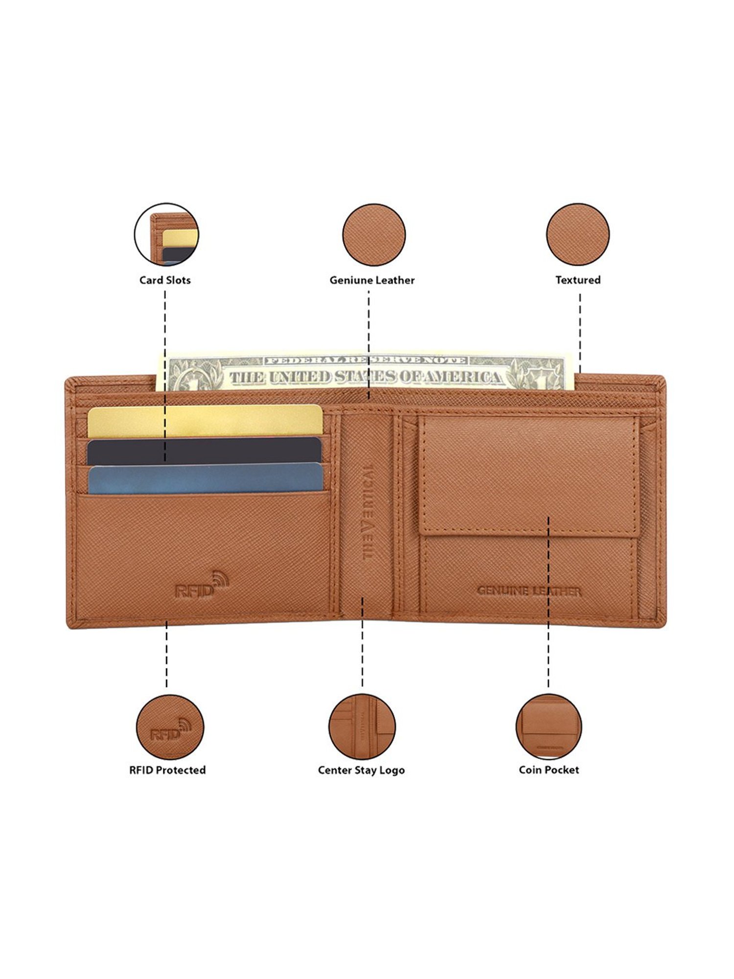 The Vertical Tan Textured Leather Bi-Fold Wallet for Men