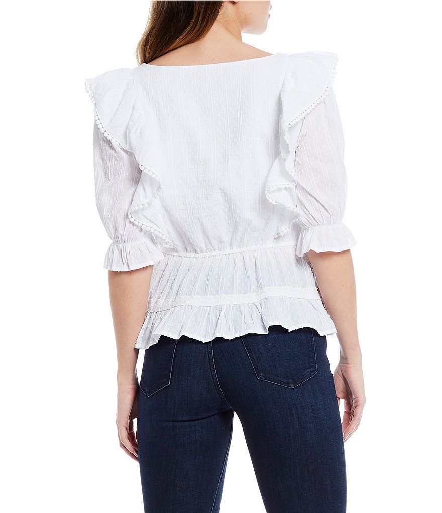 Sugarlips Square Neck Pompom Lace Trim Short Sleeve Tie-Waist Peplum Ruffle Blouse