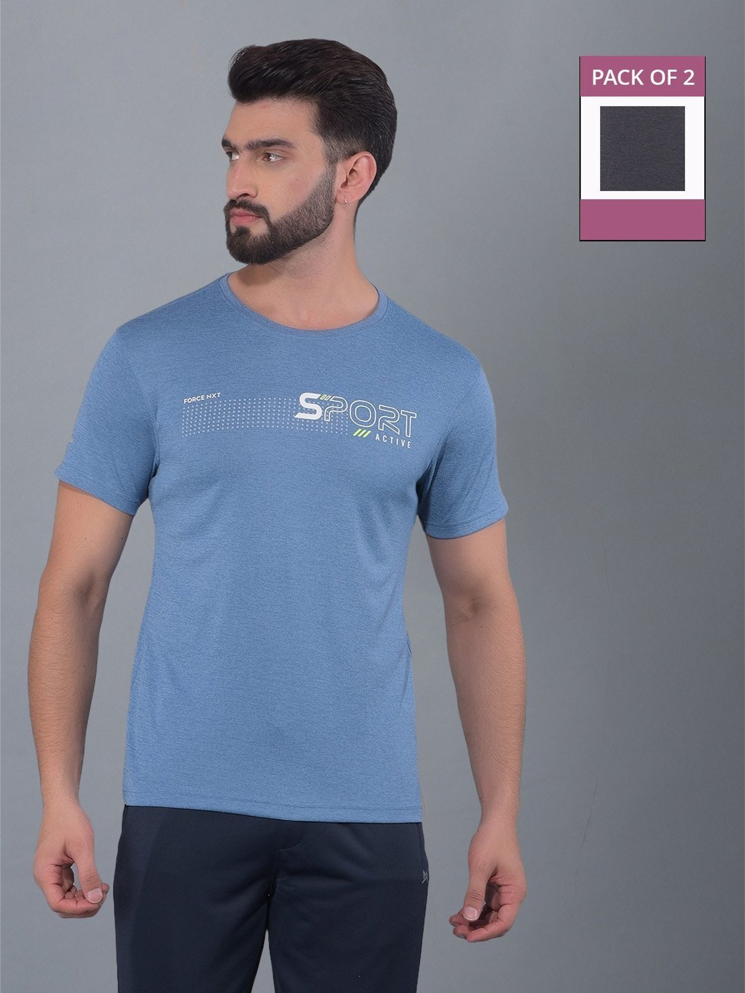 Force NXT Light Blue & Grey Regular Fit Printed Sports T-Shirt - Pack Of 2