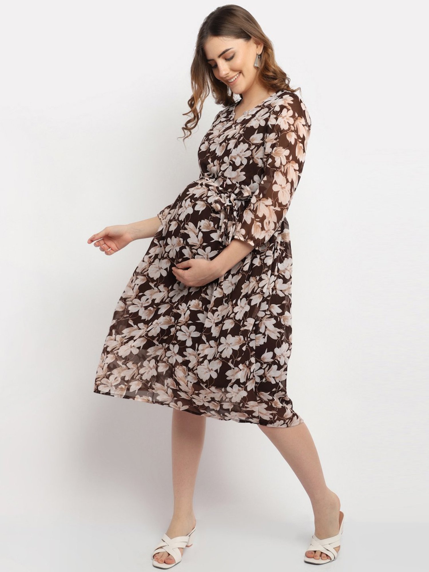 Moms Maternity Brown Printed Dress