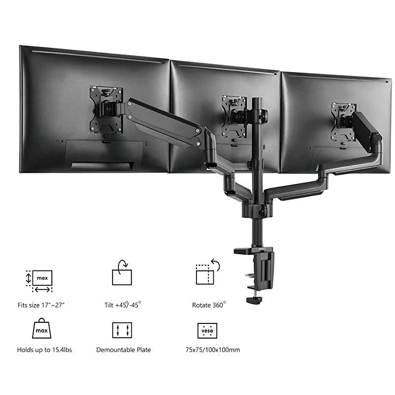 Premium Triple LCD Monitor Desk Mount Fully Adjustable Gas Spring Stand for Display up to 27 inch 154lbs Capacity GSDM003 Black