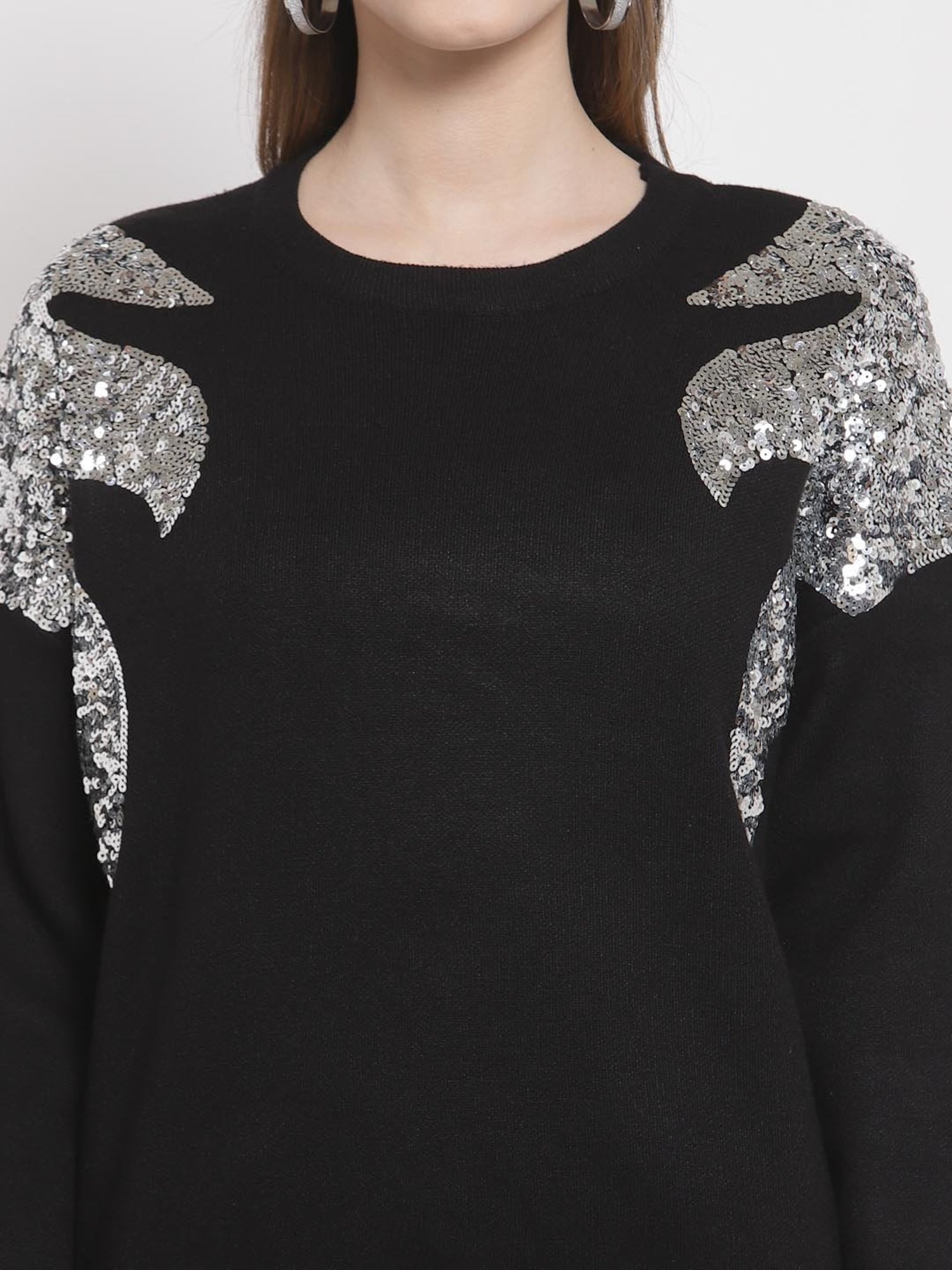 Mafadeny Black Embellished Round Neck Sweater
