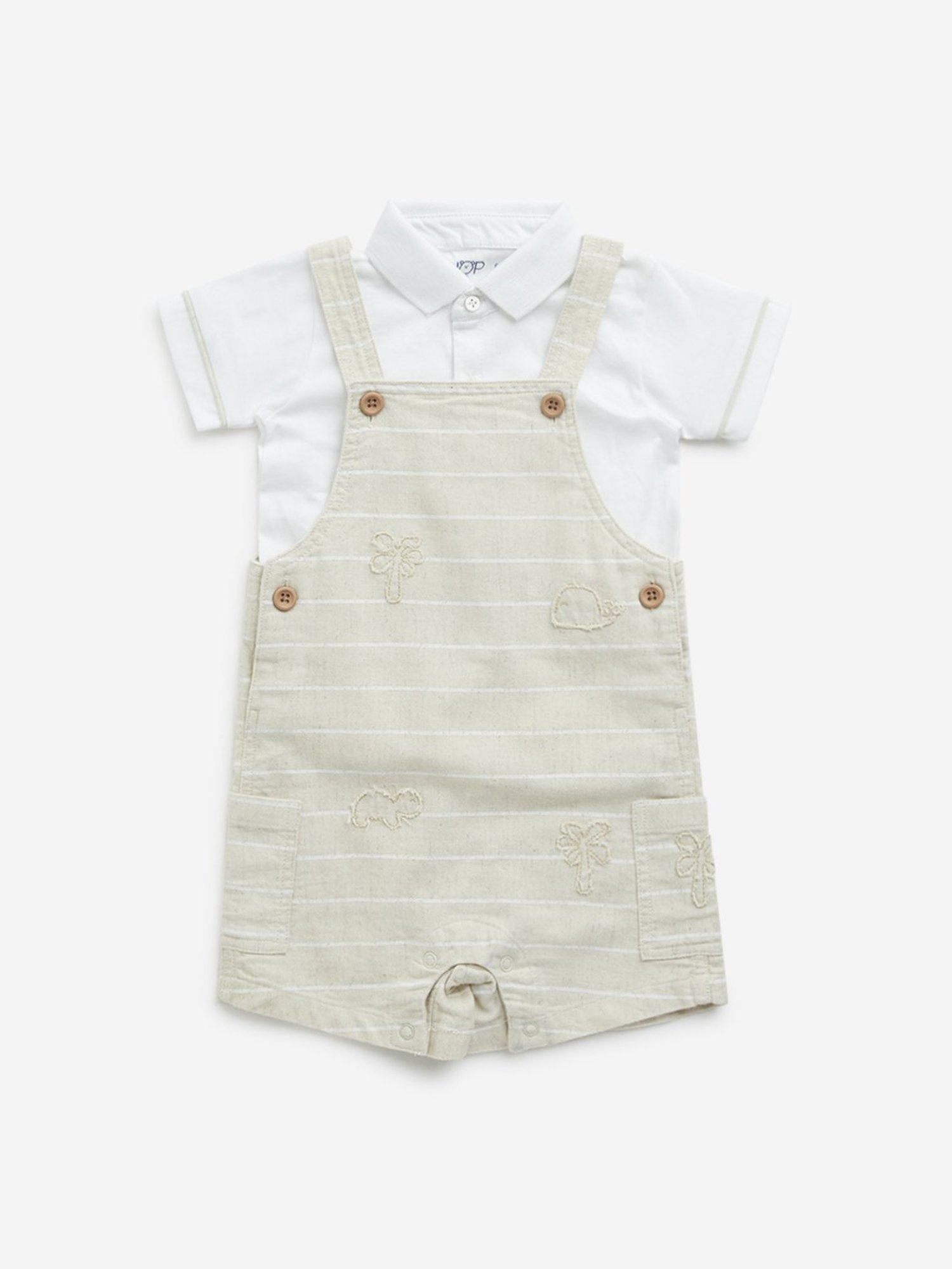 HOP Baby by Westside Beige Pinstriped Dungaree with T-Shirt Set