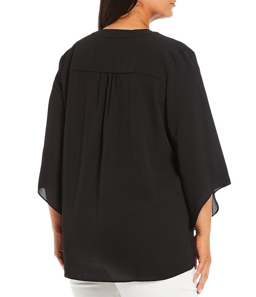 Calessa Plus Size 3/4 Flute Sleeve Split Round Neck Crossover Hem Pebble Crepe Tunic