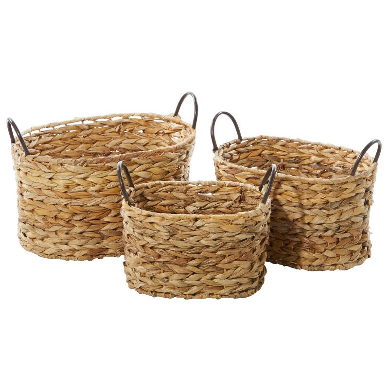 Olivia & May Set of 3 Large Oval Braided Wicker Storage Baskets with Metal Handles Natural