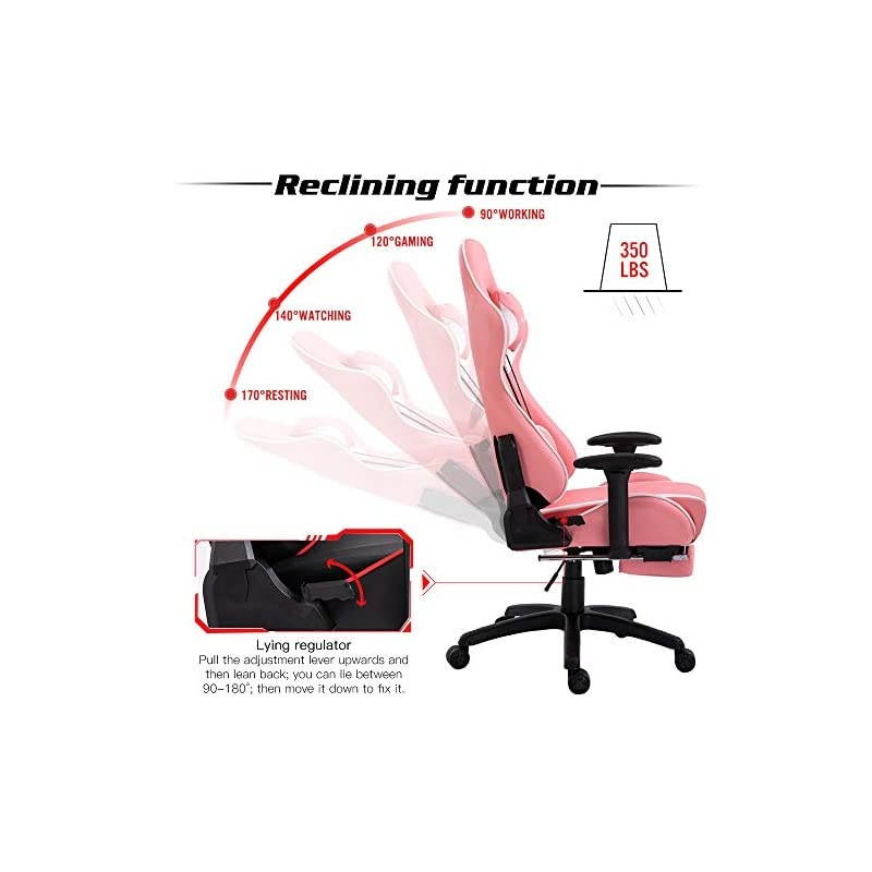 Gaming Chair Racing Office Chair High Back Computer Desk Chair PU Leather Chair Ergonomic and Executive Swivel Chair with Footrest Headrest and Lumbar Massage Support (AL-6019-PINK)